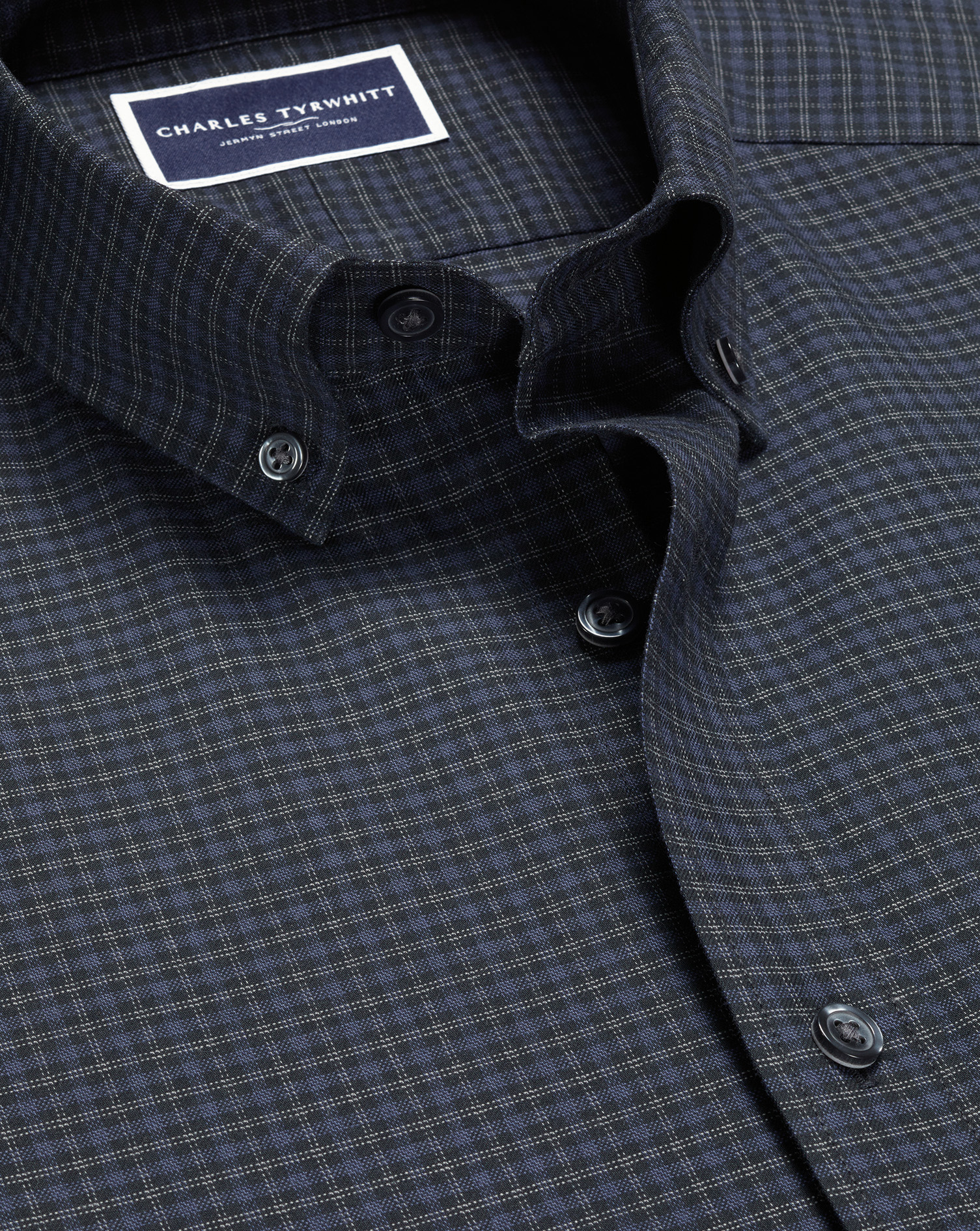 Button-Down Collar Brushed Cotton Twill Check Shirt - Dark Grey