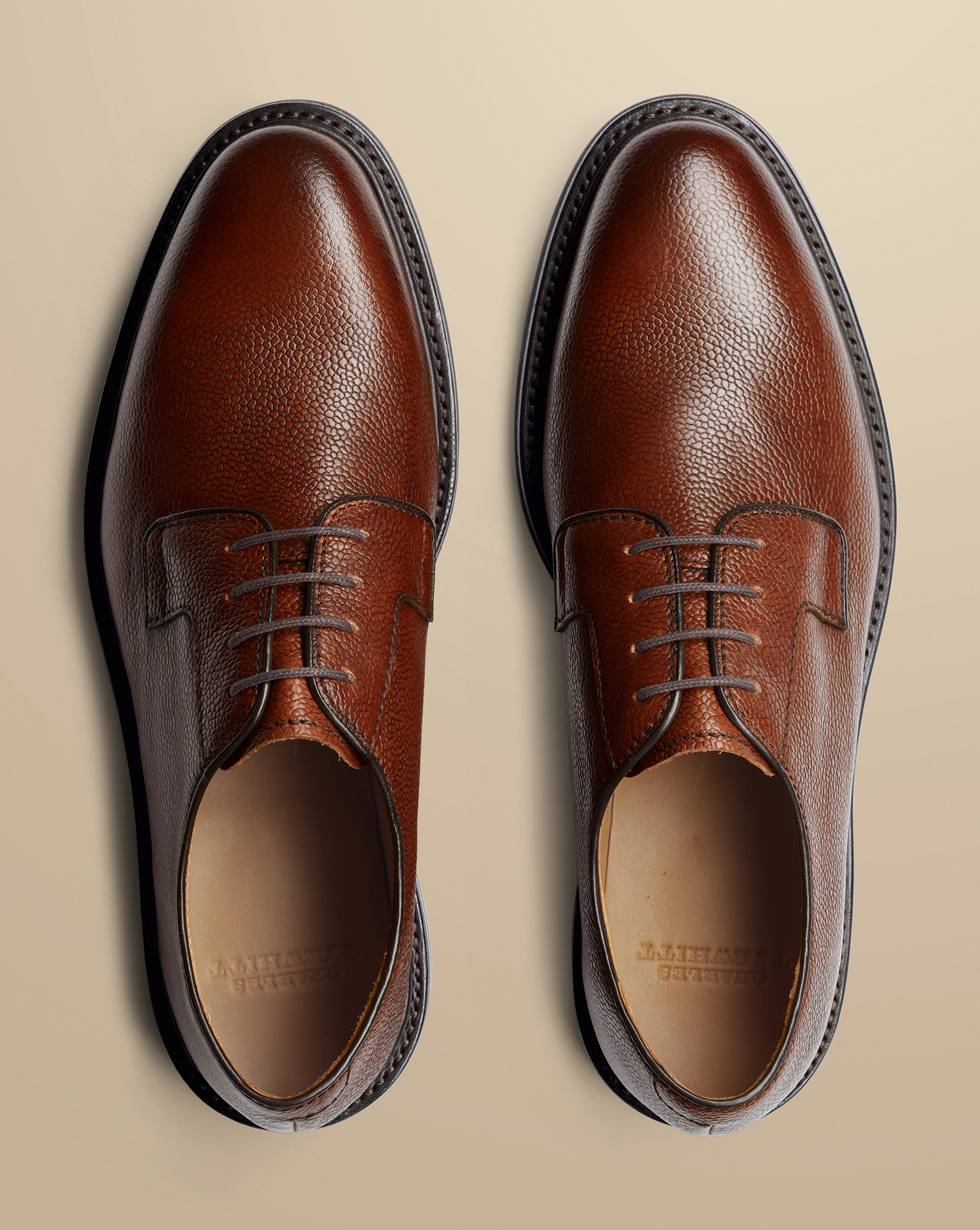 Grain Leather Derby Rubber Sole Shoe - Chestnut Brown