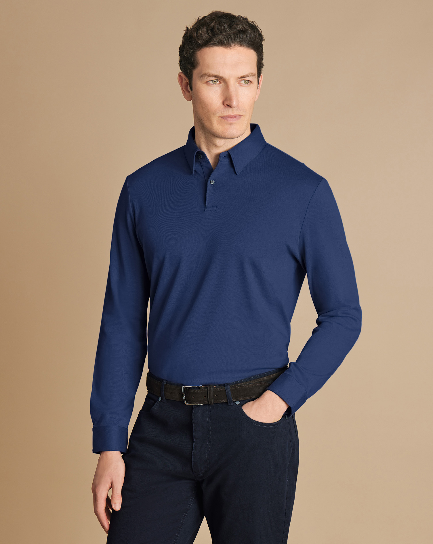 Charles Tyrwhitt Langärmeliges Jersey-Polo - Französisches Blau