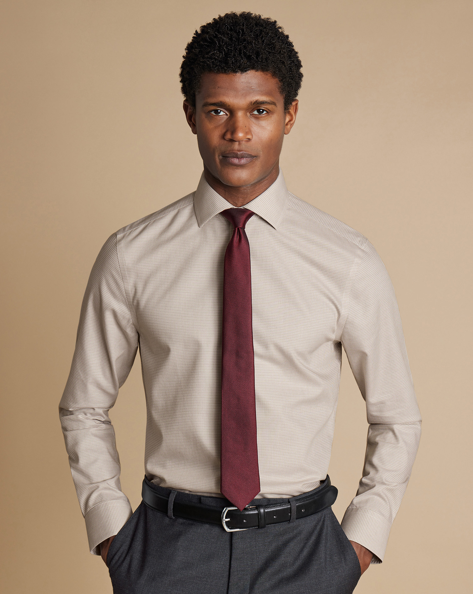 Cutaway Collar Non-Iron Stretch Kensington Weave Shirt - Stone