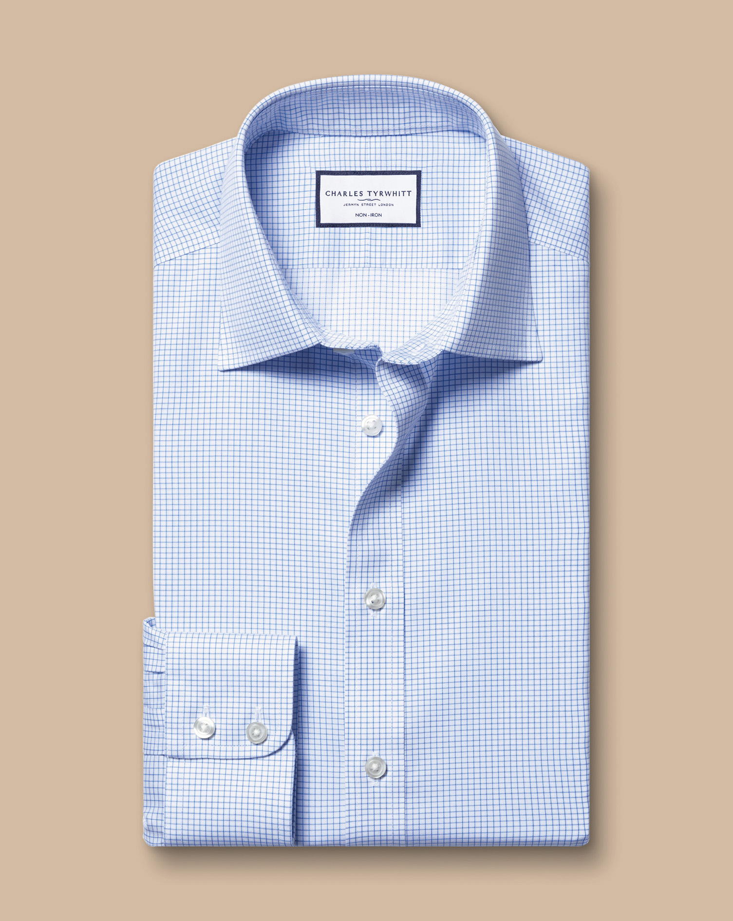 Non-Iron Twill Mini Grid Check Shirt - Cornflower Blue