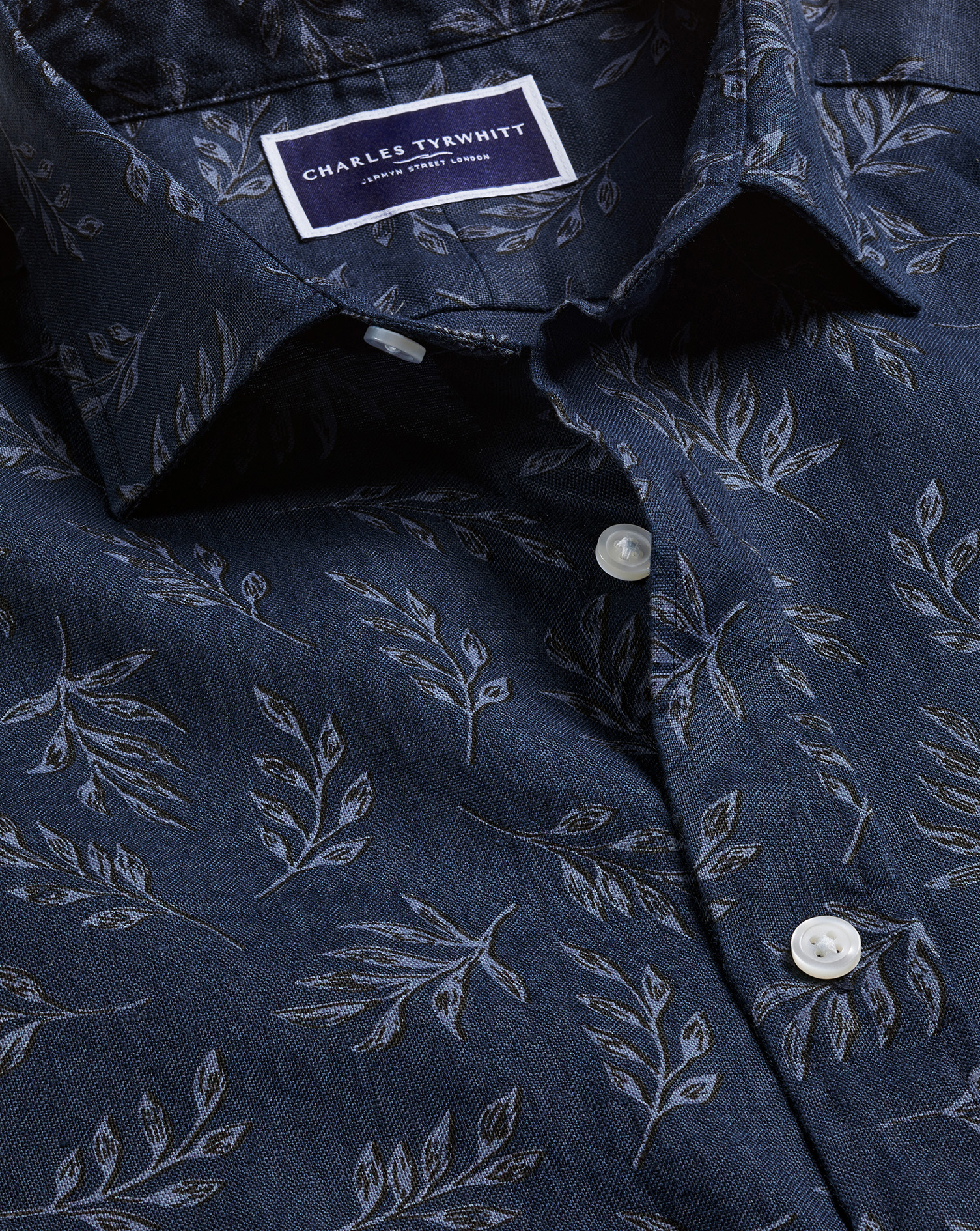 Pure Linen Leaf Print Short Sleeve Shirt - Indigo Blue