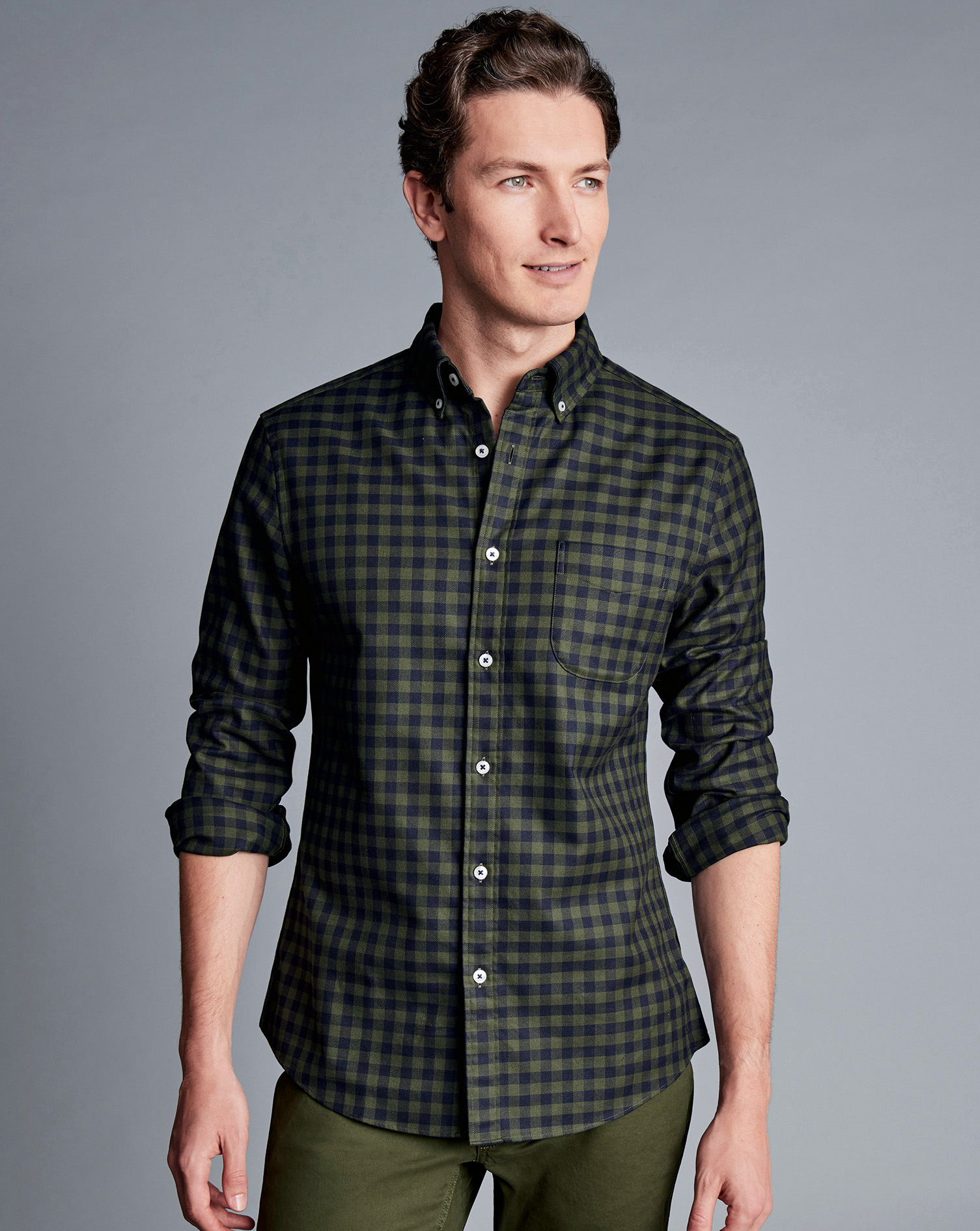 Button-Down Collar Non-Iron Twill Gingham Shirt - Olive Green