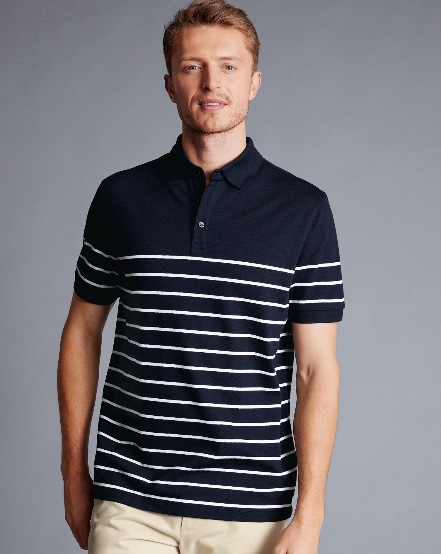 Breton Stripe Tyrwhitt Pique Polo - Navy & White