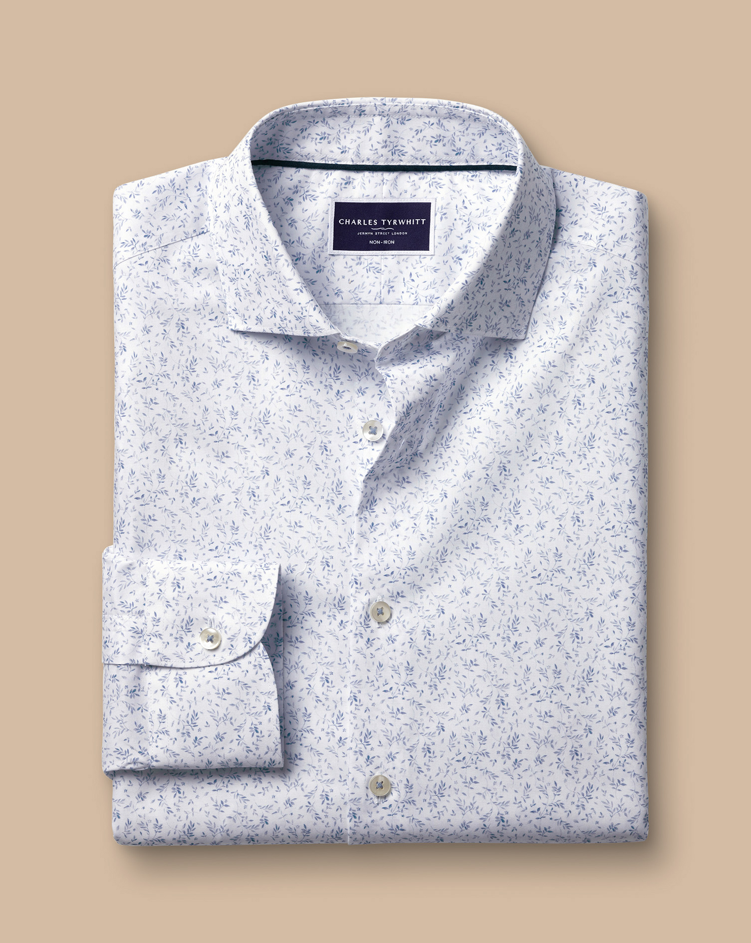 Semi-Cutaway Collar Non-Iron Stretch Leaf Print Shirt - White & Blue