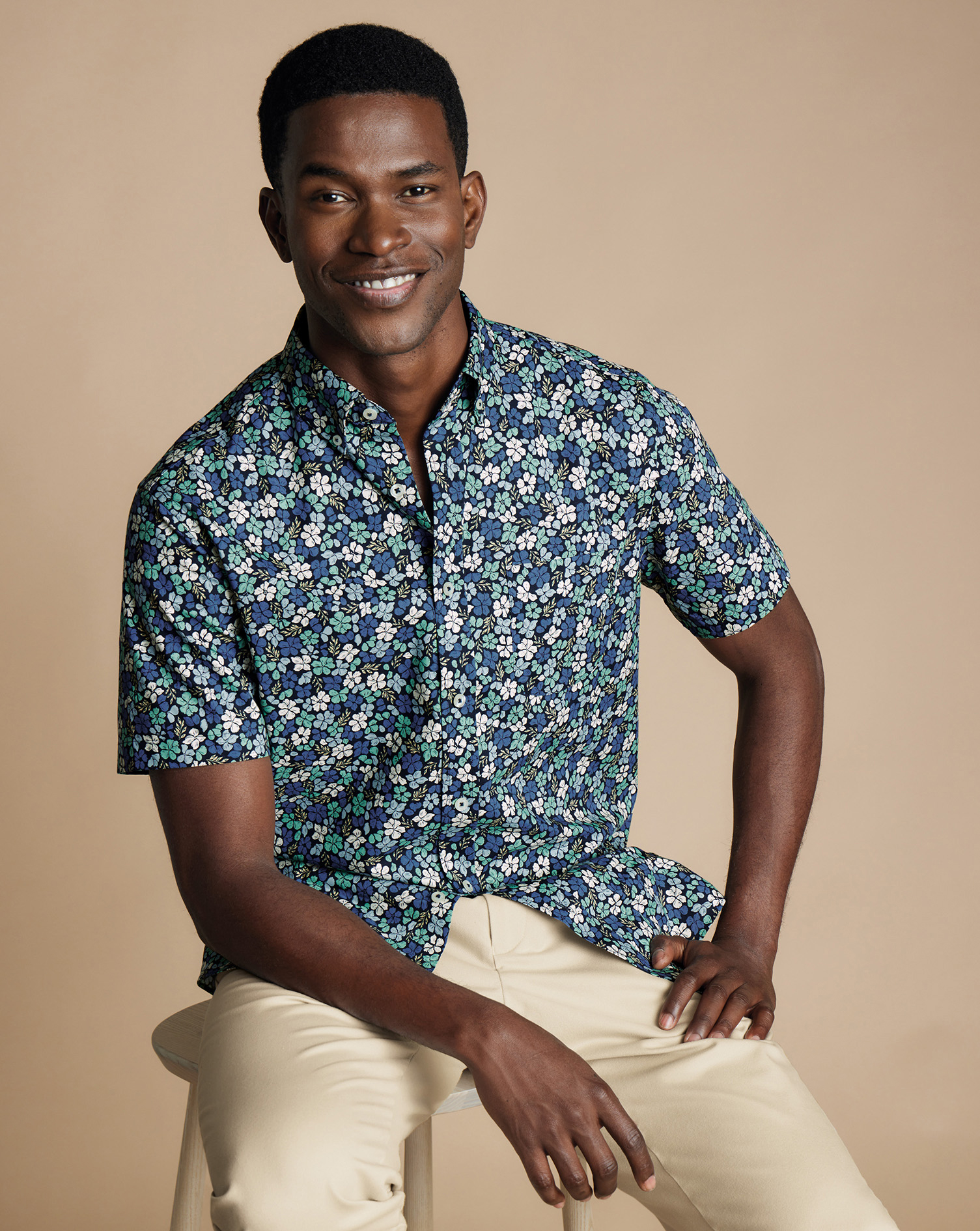 Non-Iron Floral Print Short Sleeve Shirt - Mid Blue