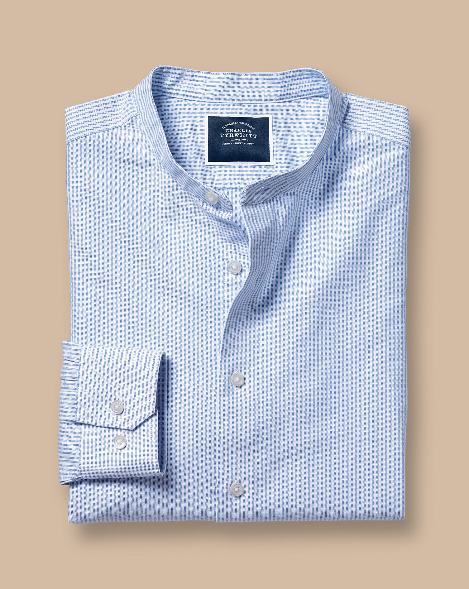 Collarless Stretch Washed Oxford Stripe Shirt - Ocean Blue