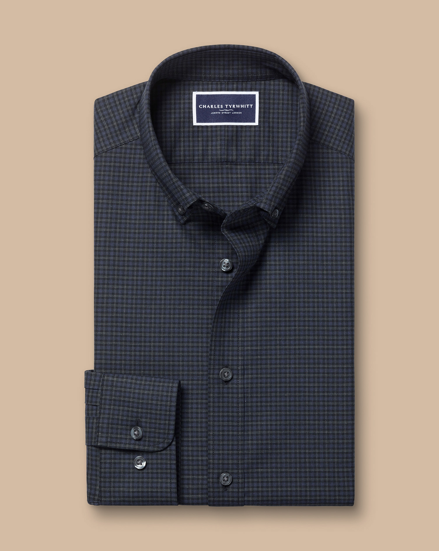 Button-Down Collar Brushed Cotton Twill Check Shirt - Dark Grey