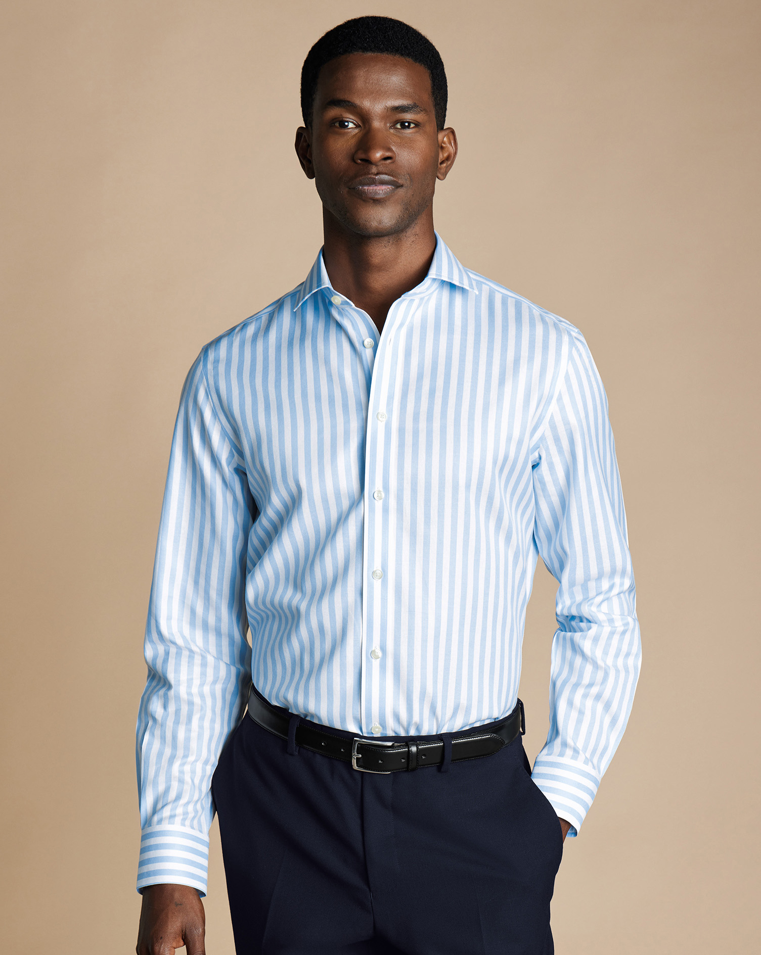 Cutaway Collar Non-Iron Twill Wide Stripe Shirt - Sky Blue