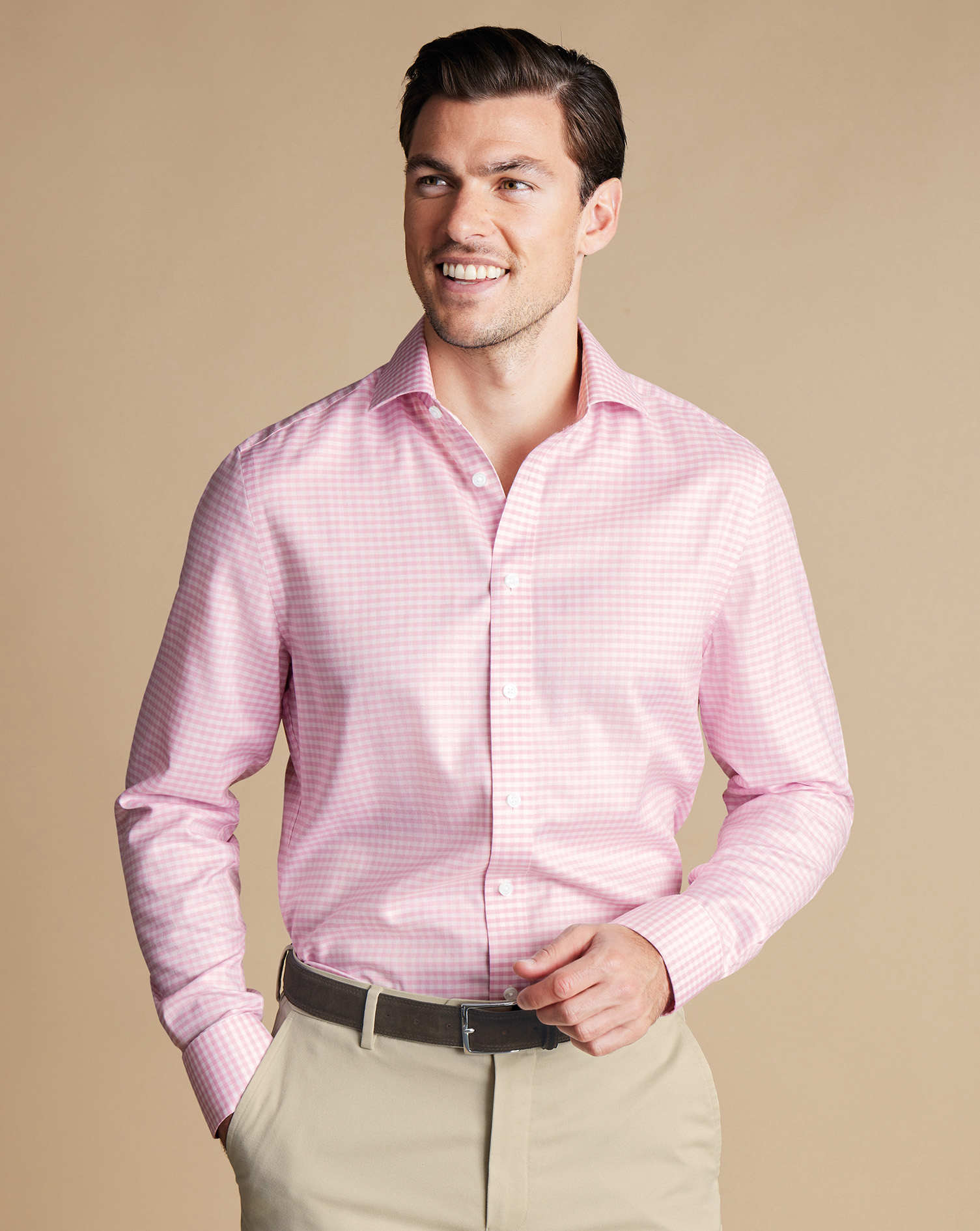 Cutaway Collar Non-Iron Twill Gingham Shirt - Pink