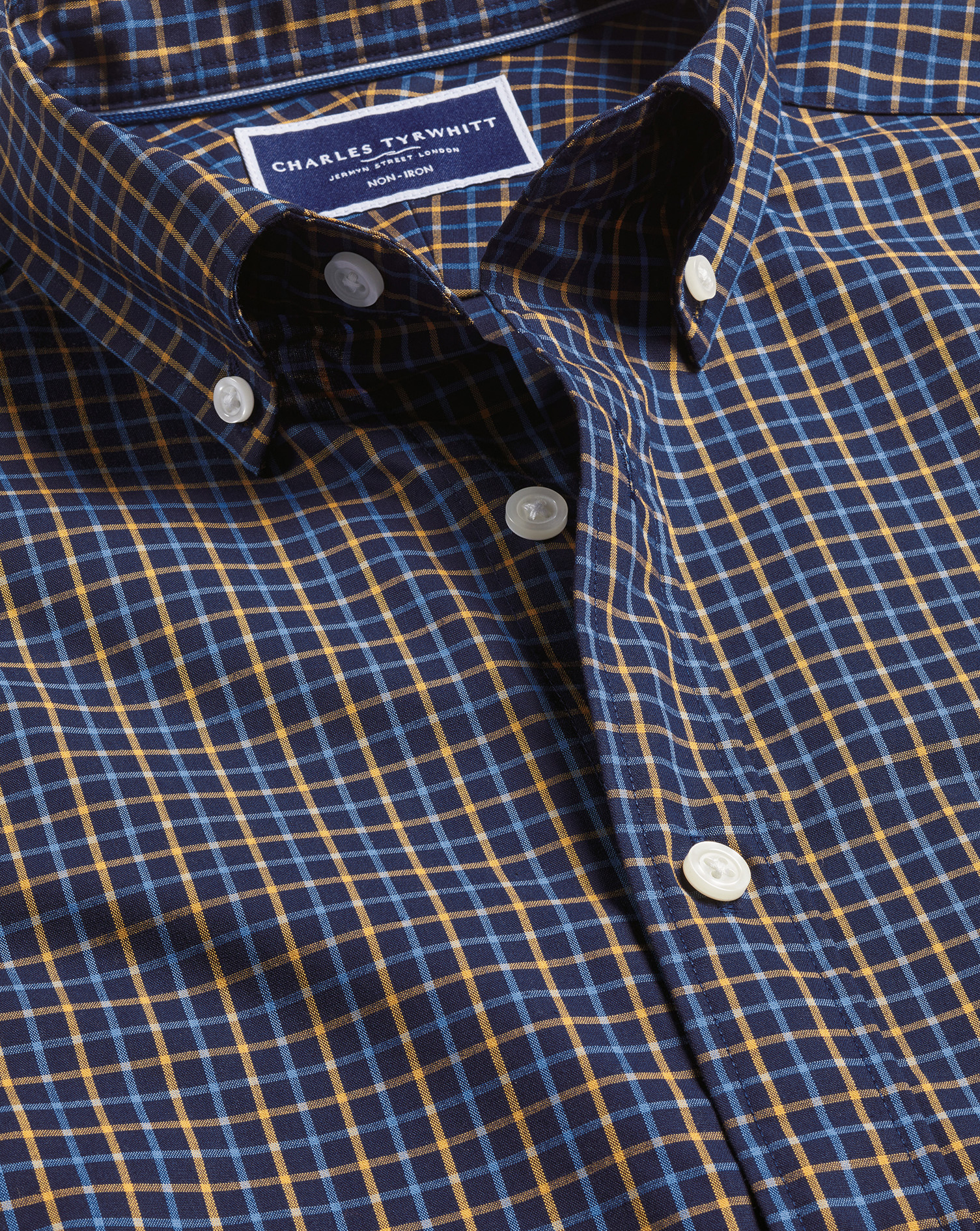 Button-Down Collar Non-Iron Stretch Poplin Fine Line Check Shirt - Navy & Gold