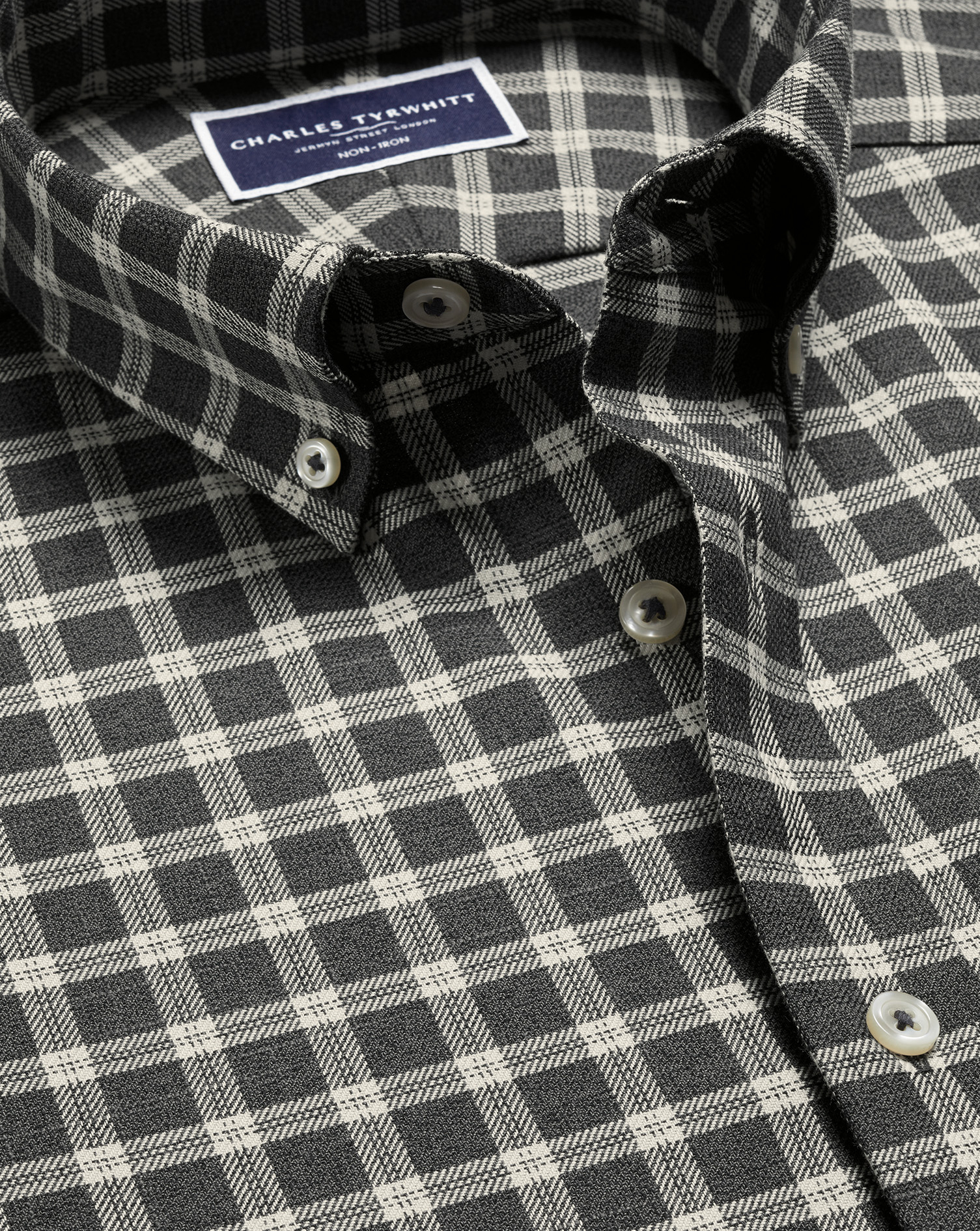 Button-Down Collar Non-Iron Twill Mid Check Shirt - Dark Grey