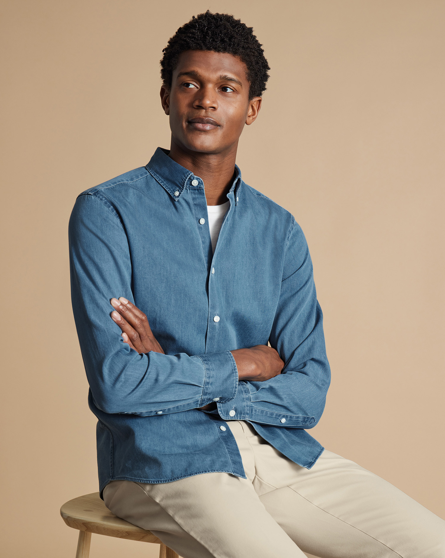 Button-Down Collar Denim Shirt - Ocean Blue