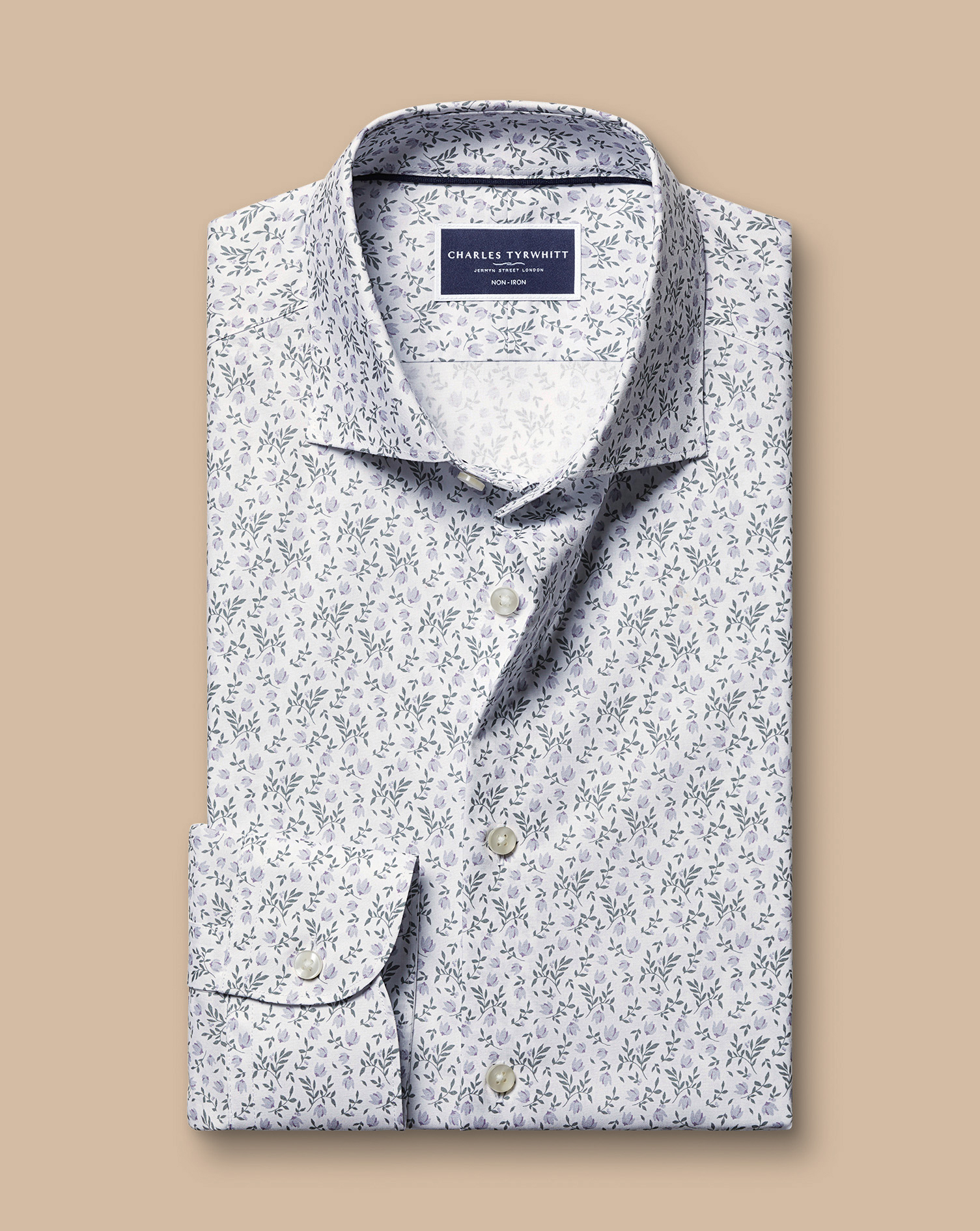 Semi-Cutaway Collar Non-Iron Stretch Floral Print Shirt - White