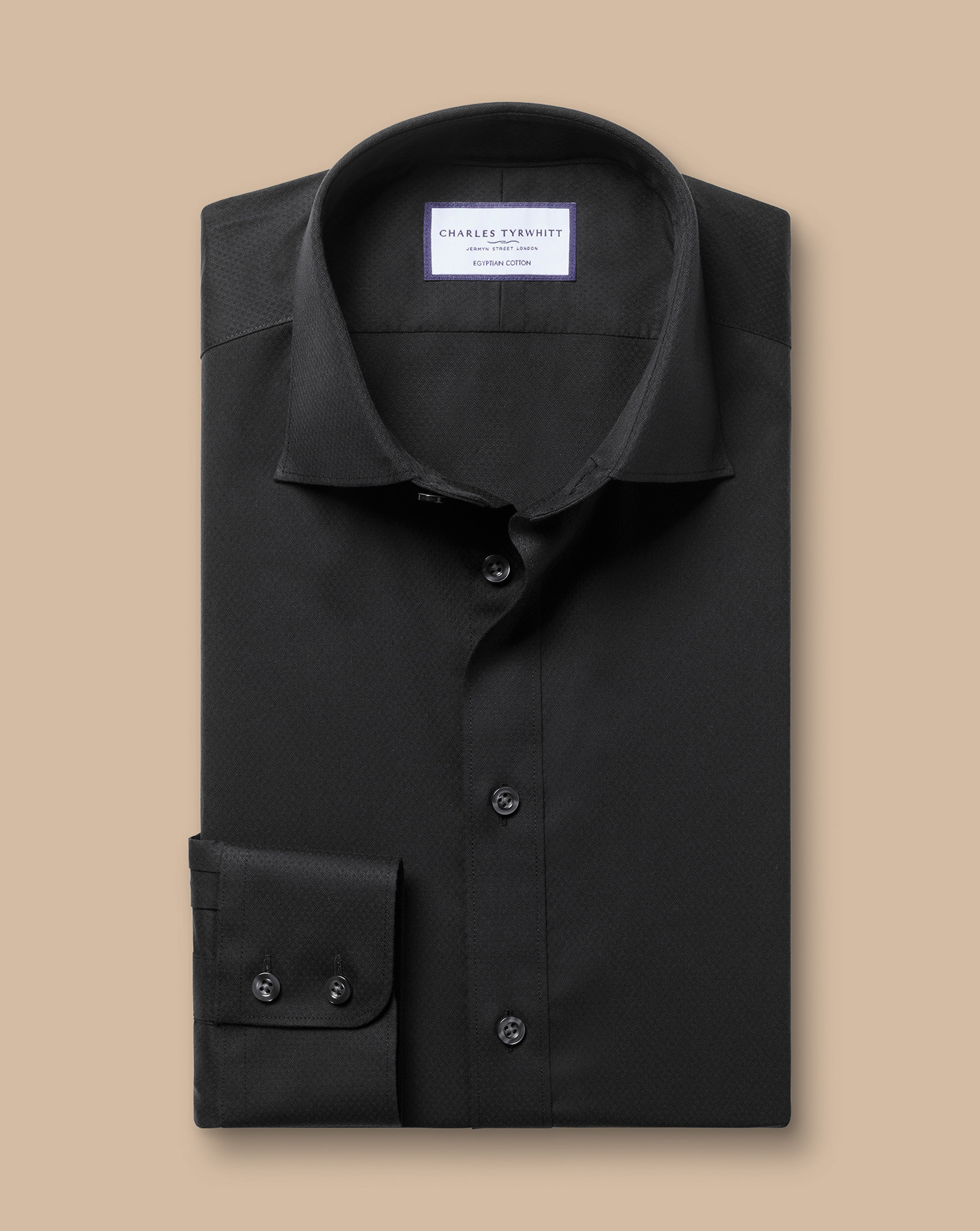 Semi-Cutaway Collar Egyptian Cotton Ascot Weave Shirt - Black