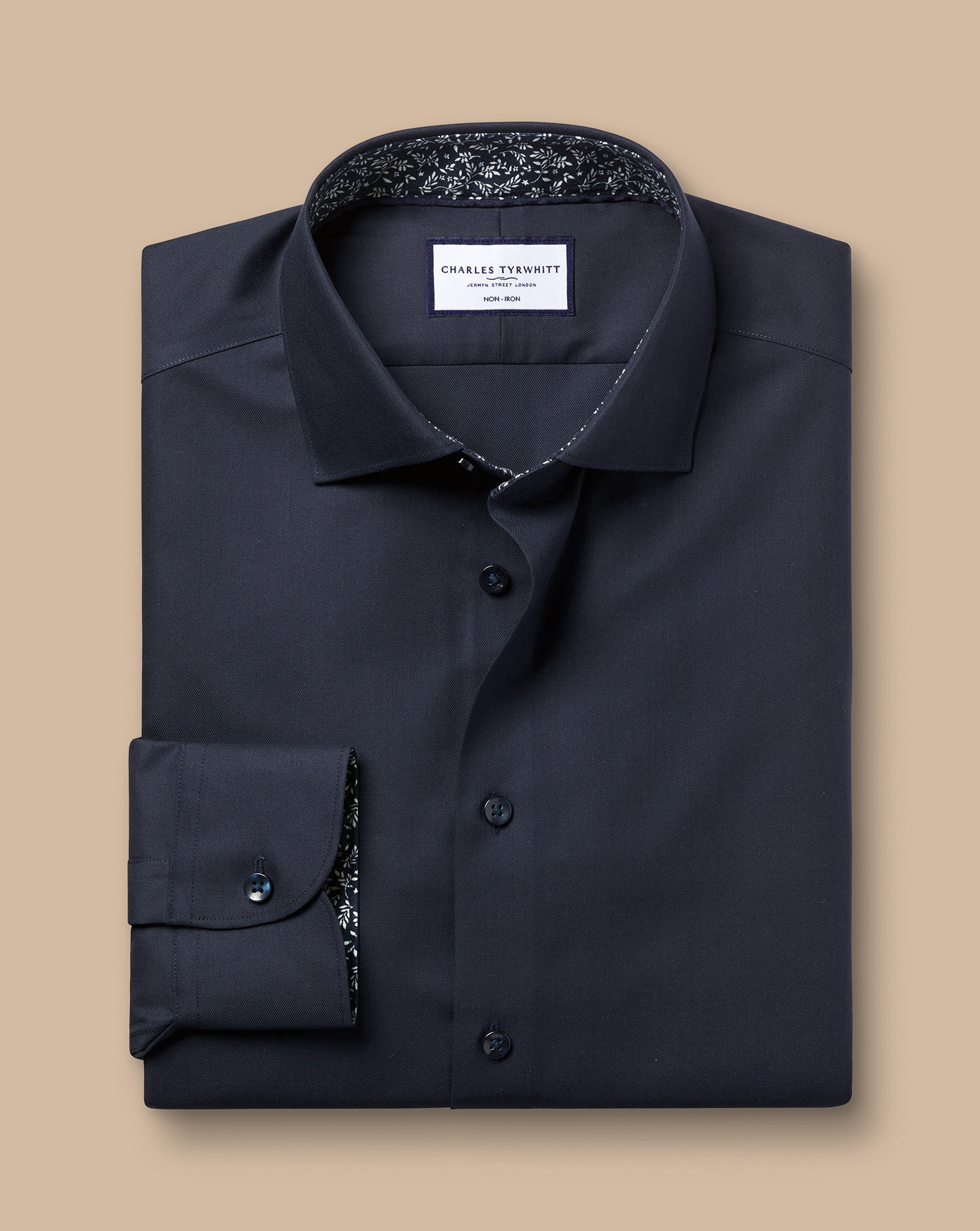 Semi-Cutaway Collar Non-Iron Twill Shirt with Printed Trim - Navy