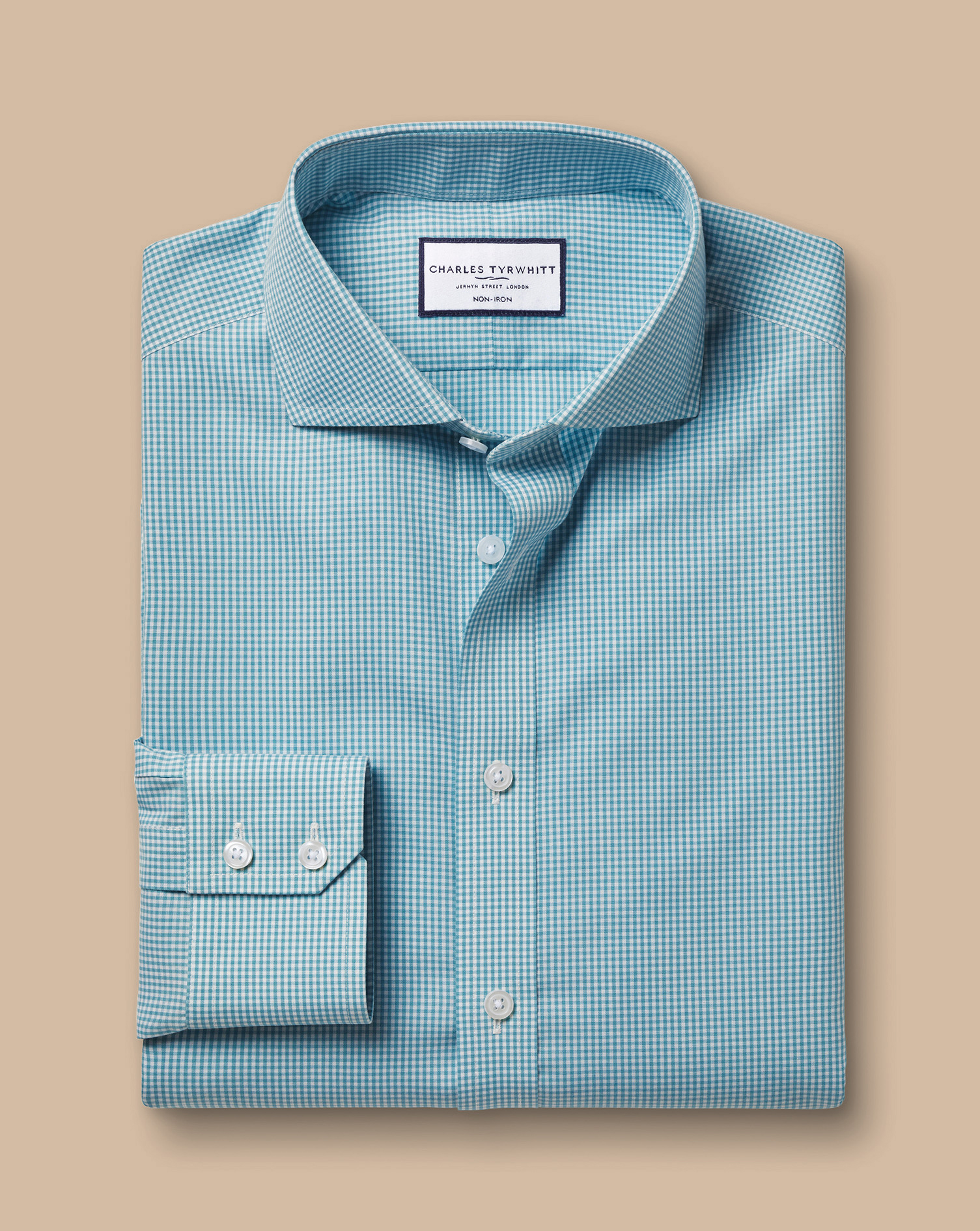 Cutaway Collar Non-Iron Mini Gingham Poplin Check Shirt - Aqua Green