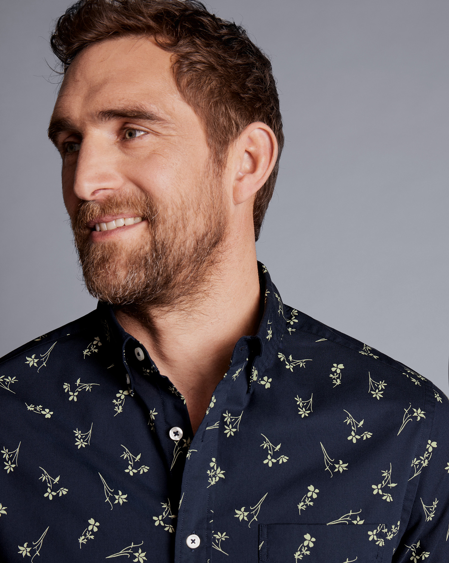 Button-Down Collar Non-Iron Floral Print Shirt - Stone