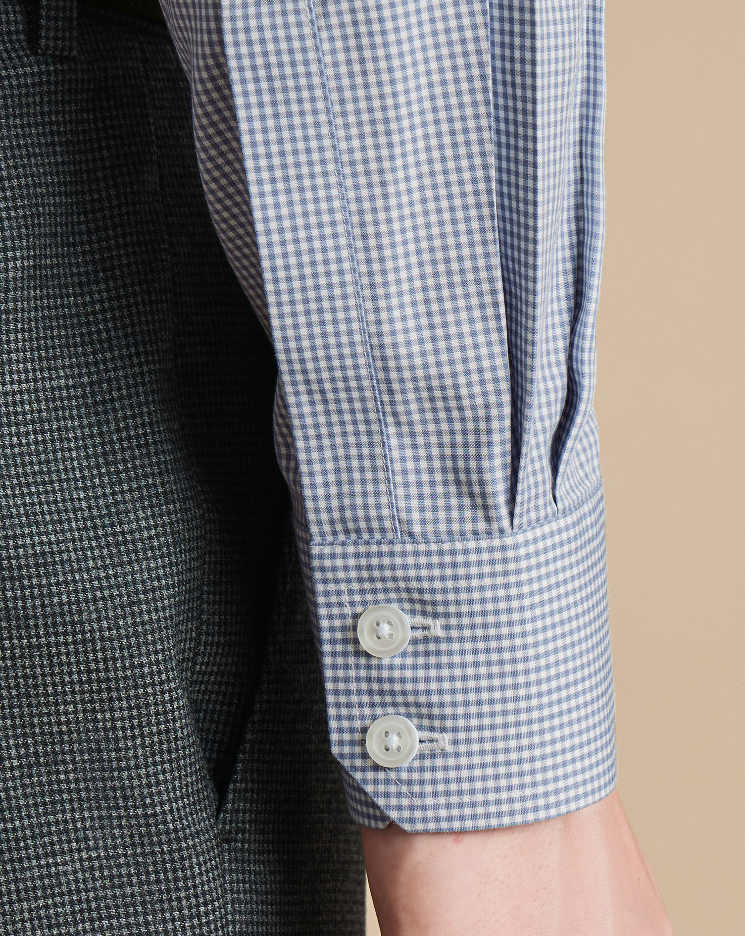 Cutaway Collar Non-Iron Poplin Mini Gingham Check Shirt - Light Grey