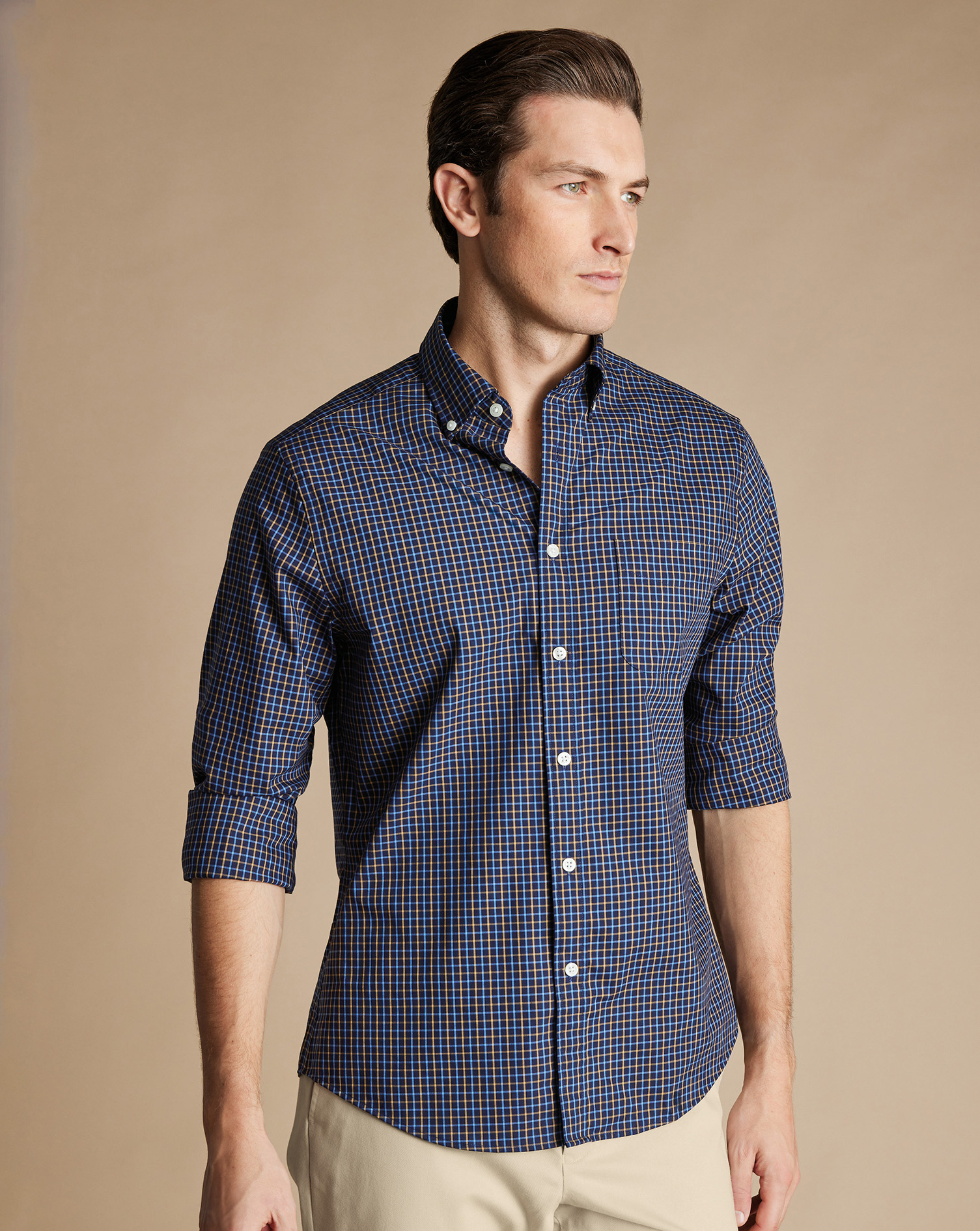 Button-Down Collar Non-Iron Stretch Poplin Fine Line Check Shirt - Navy & Gold