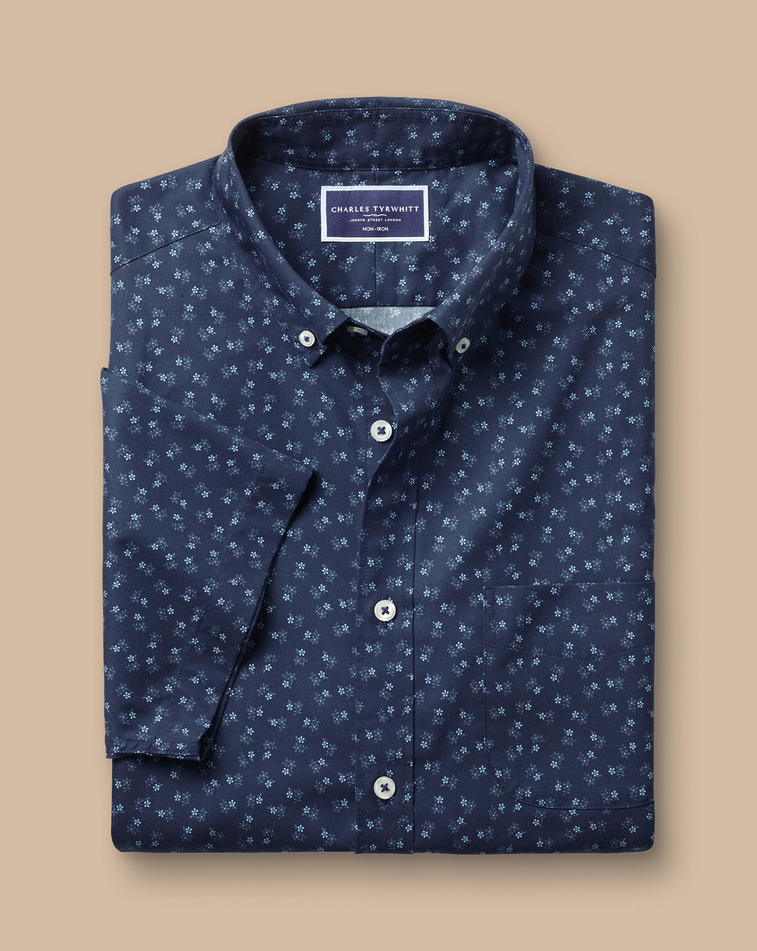 Non-Iron Stretch Ditsy Floral Print Shirt - Navy