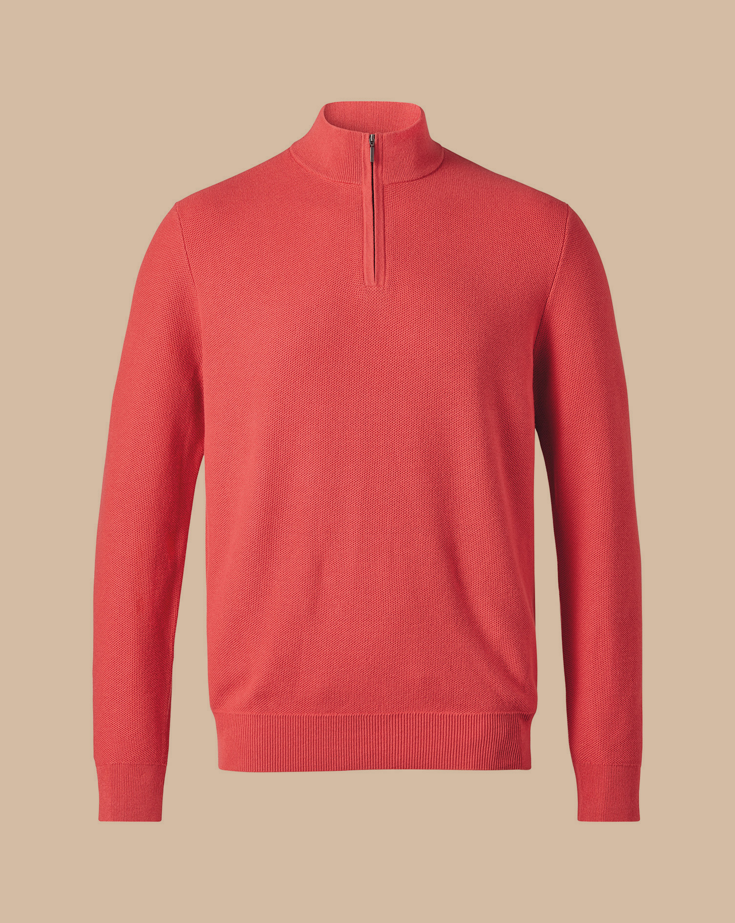 Honeycomb Cotton Zip Neck Jumper - Coral Pink