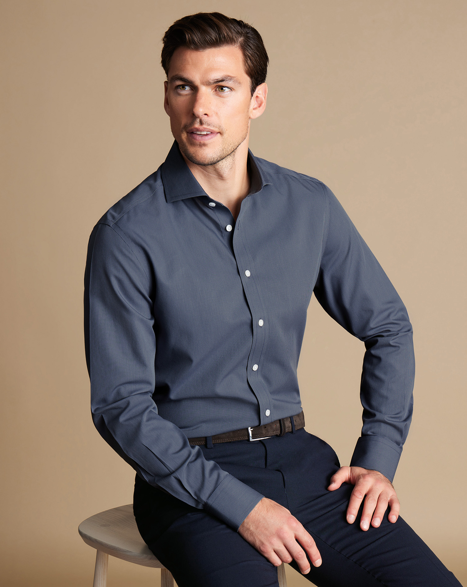 Cutaway Collar Non-Iron Poplin Hairline Stripe Shirt - Heather Blue