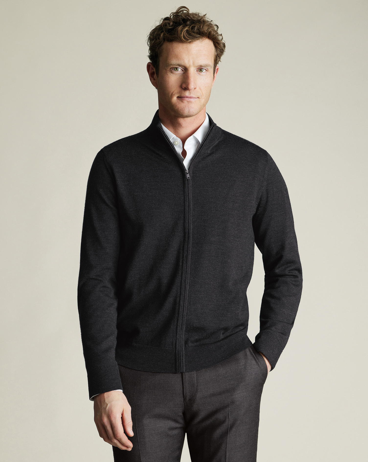 Charles Tyrwhitt Merino-Strickjacke mit Reißverschluss - Anthrazit