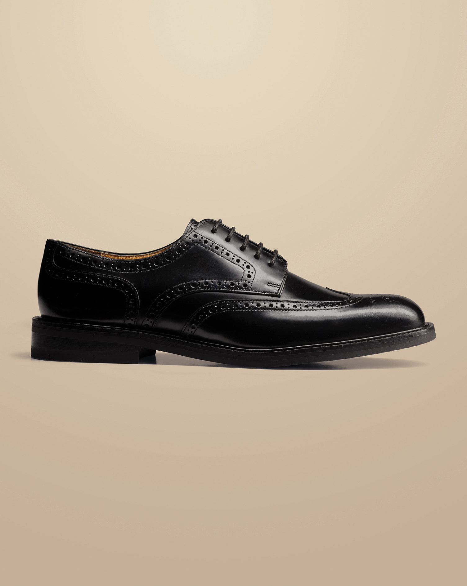 High Shine Leather Derby Brogue Rubber Sole Shoe - Black