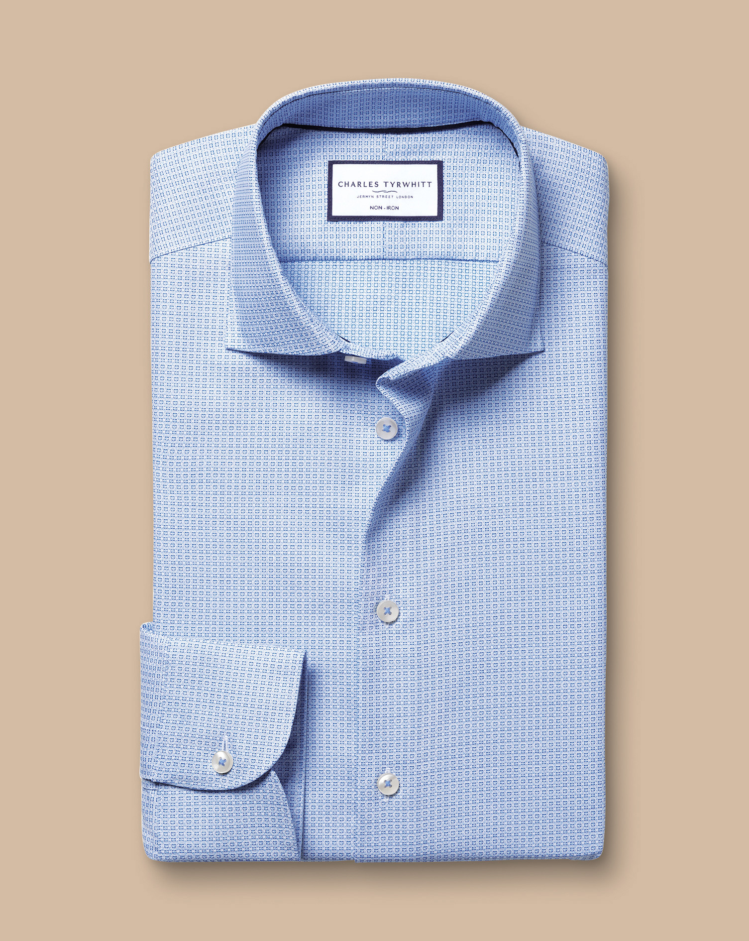 Semi-Cutaway Collar Non-Iron Stretch Texture Grid Shirt - Sky Blue