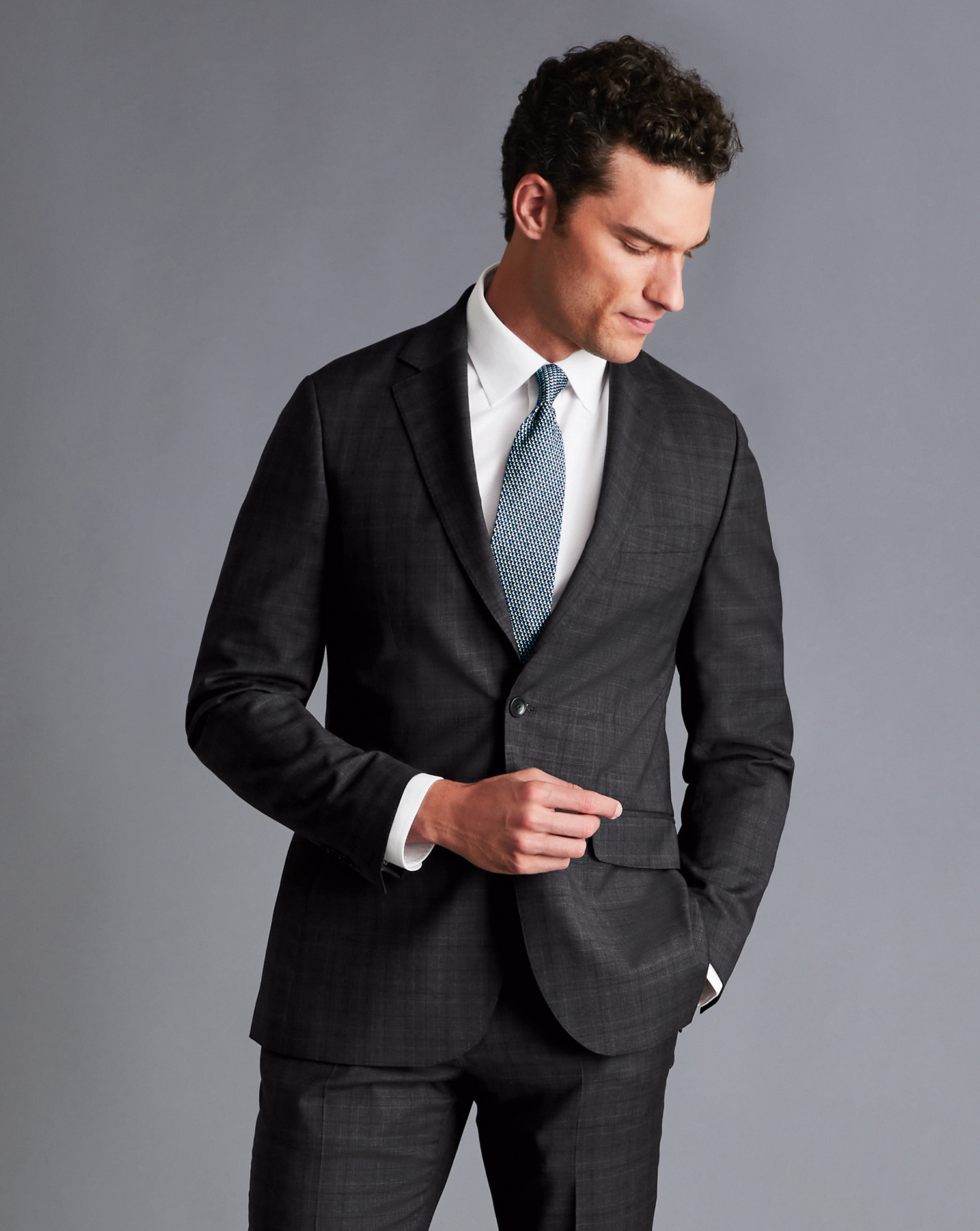 Italian Prince of Wales Check Suit Jacket - Charcoal Grey