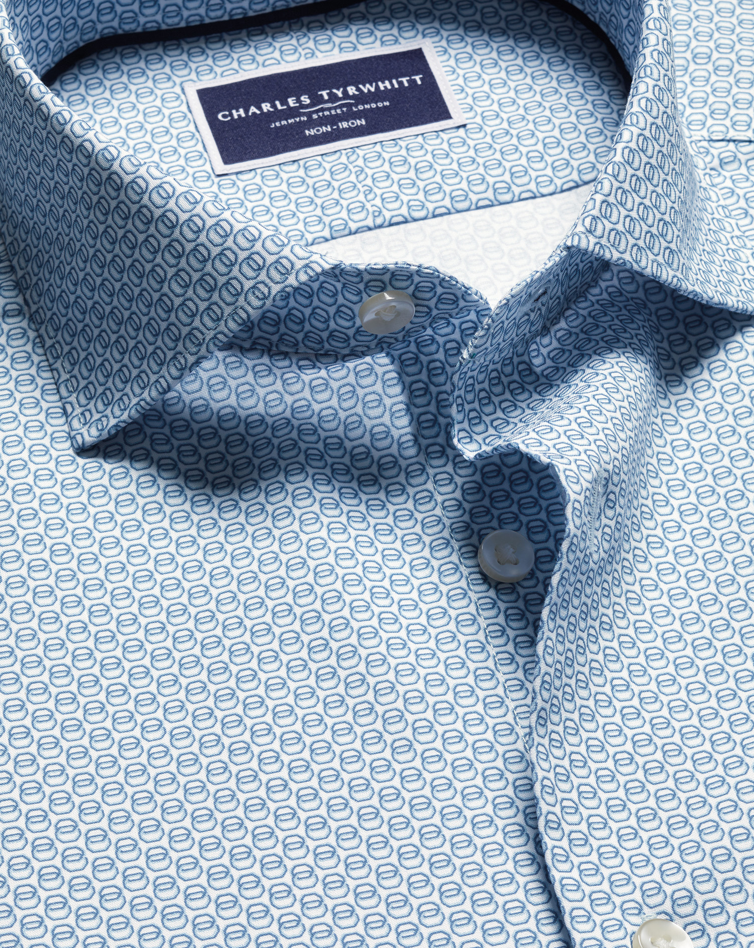 Semi-Cutaway Collar Non-Iron Stretch Print Shirt - Blue