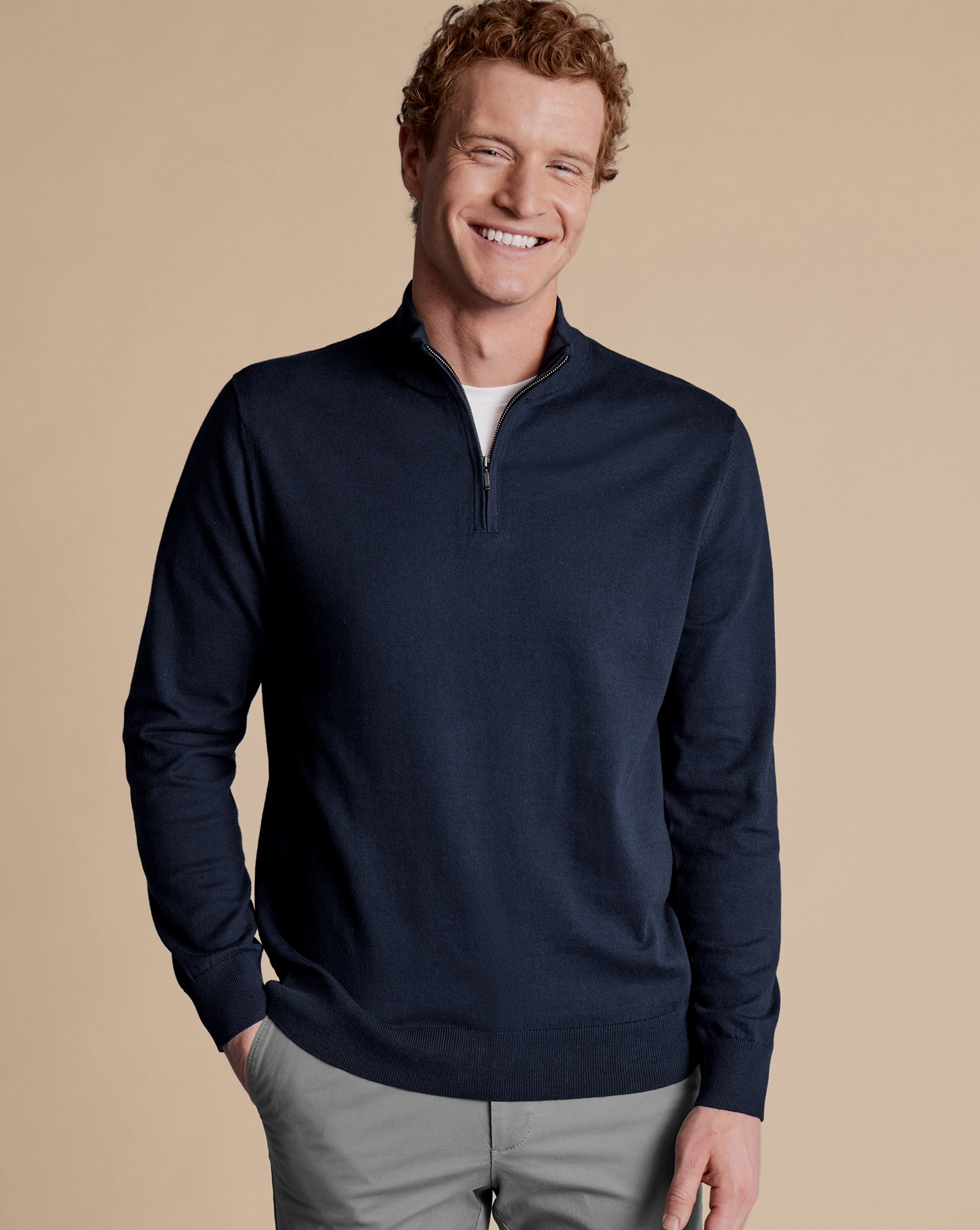 Combed Cotton Zip Neck Jumper - Dark Navy