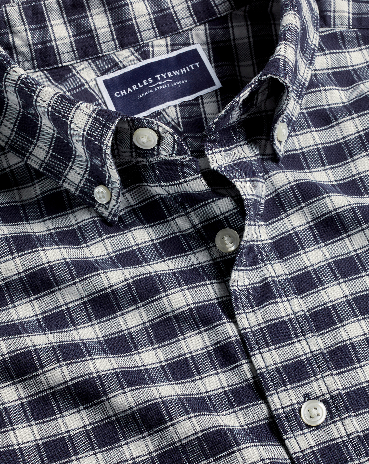 Button-Down Collar Brushed Washed Oxford Grid Check Shirt - Navy