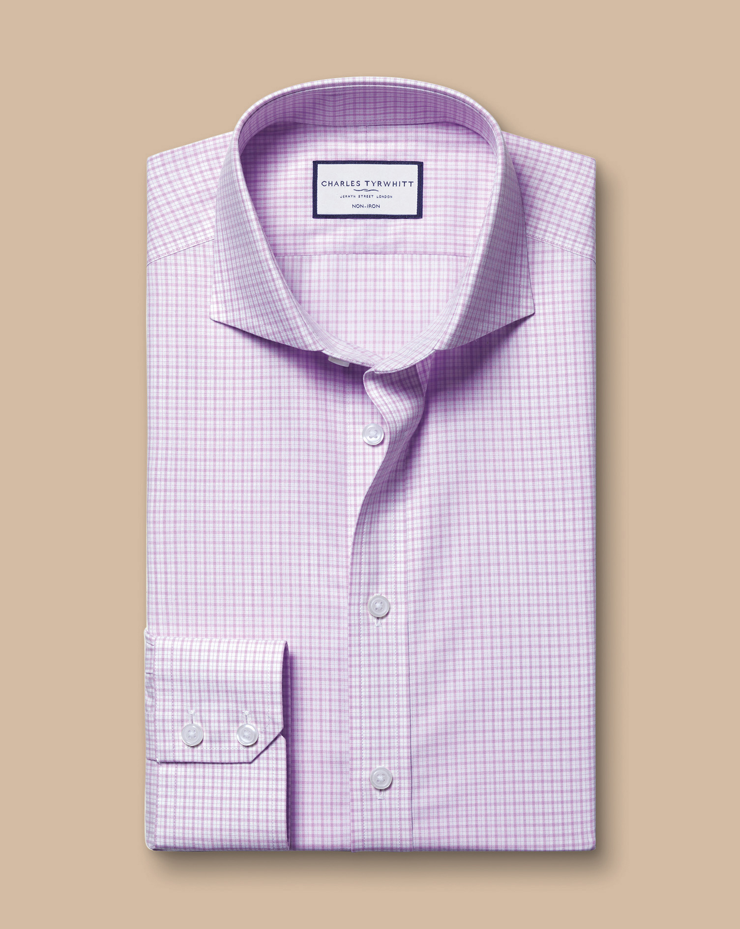 Cutaway Collar  Non-Iron Poplin Grid Check Shirt - Lilac Purple