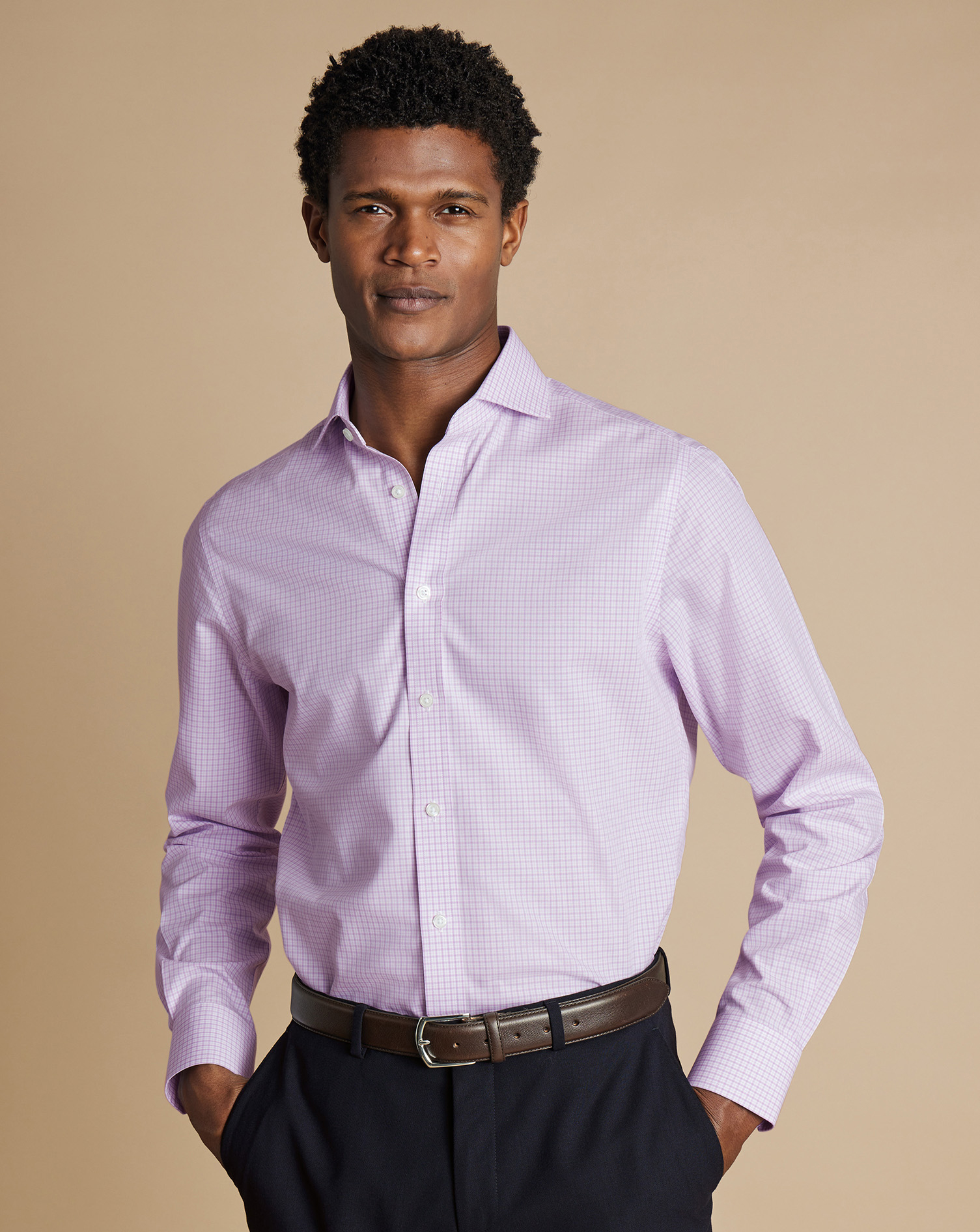 Cutaway Collar  Non-Iron Poplin Grid Check Shirt - Lilac Purple