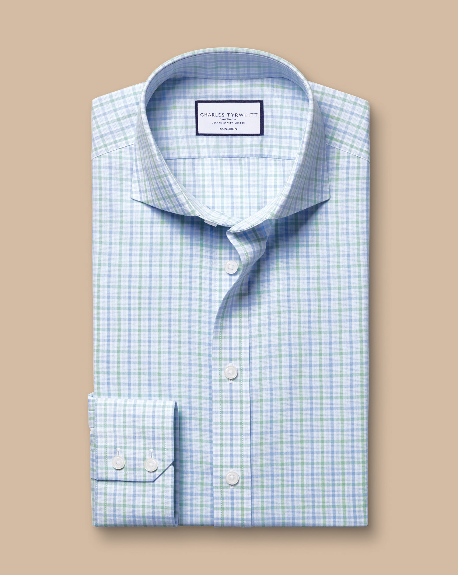 Cutaway Collar Non-Iron Poplin Check Shirt - Green & Sky