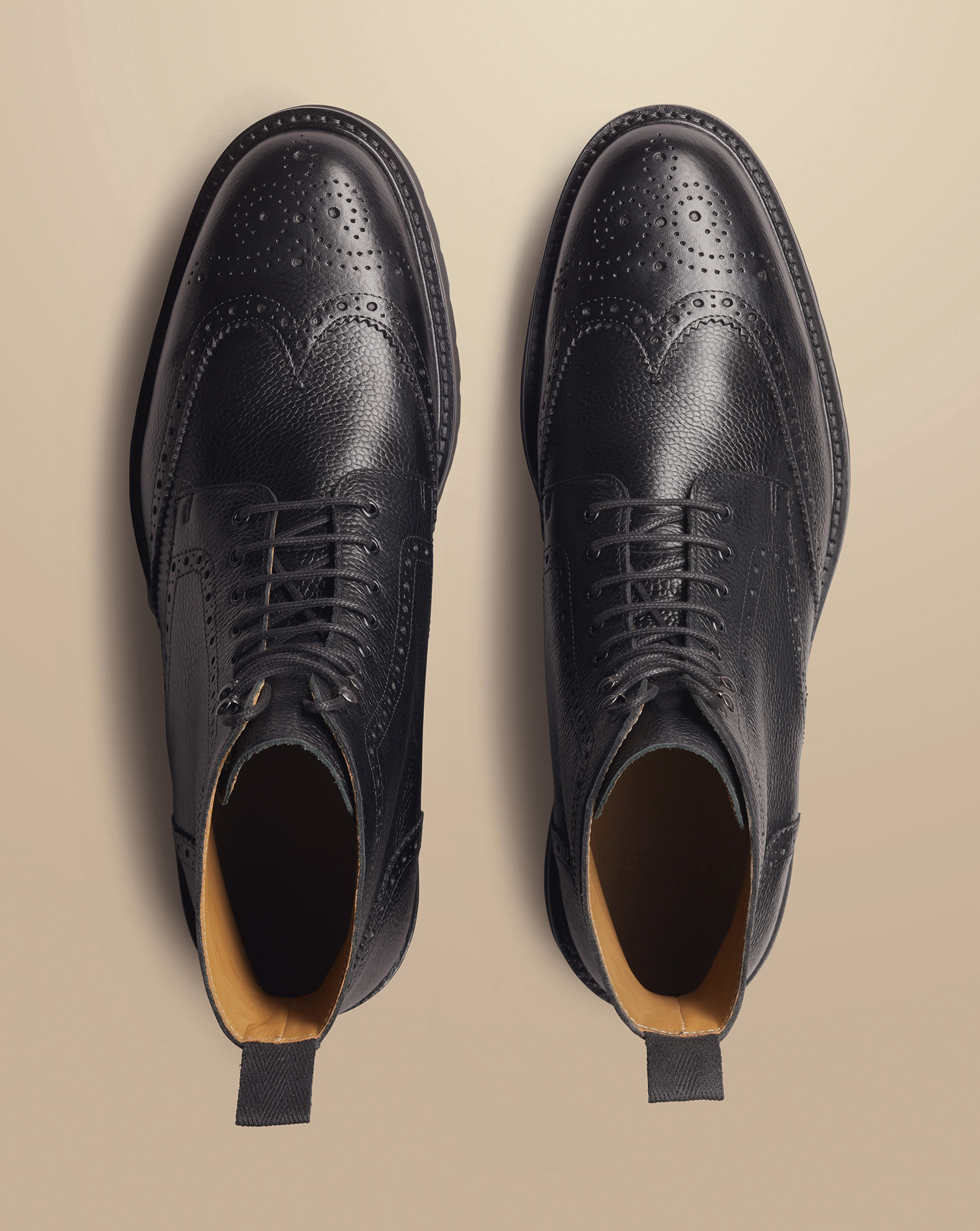 Grain Leather Rubber Sole Brogue Boots - Black