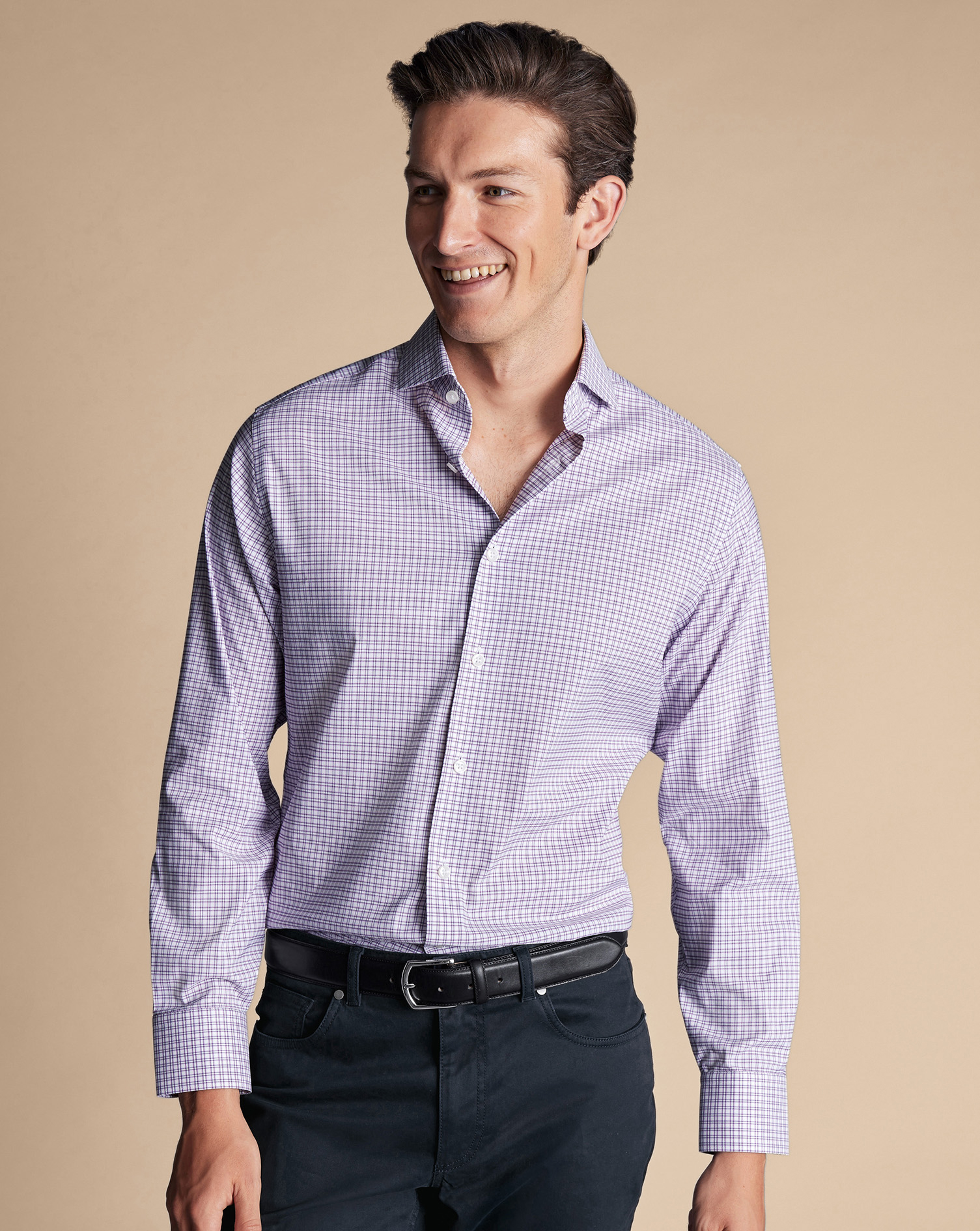 Non-Iron Performance Twill Grid Check Shirt - Mauve Purple