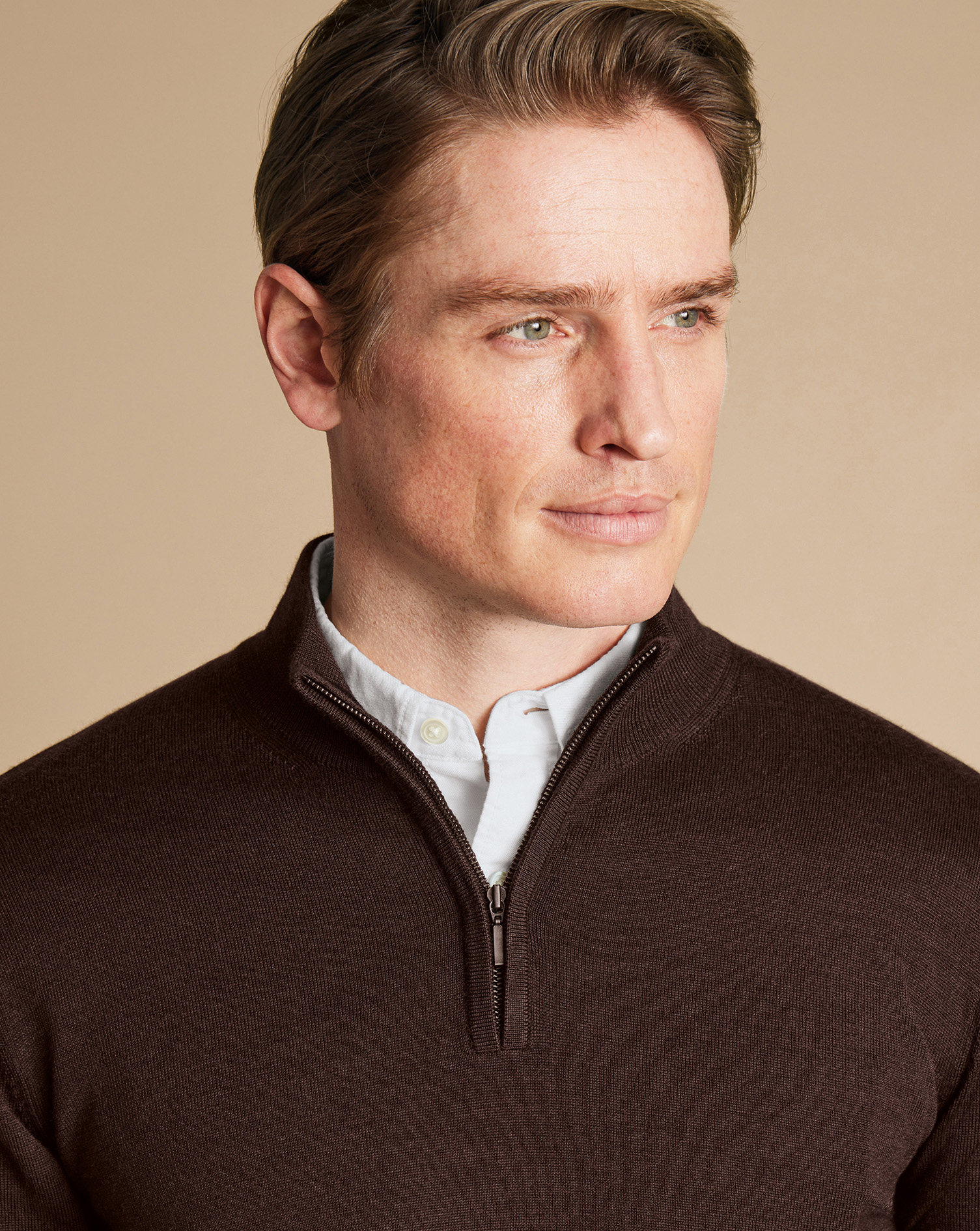 Merino Zip Neck Jumper  - Chocolate Brown