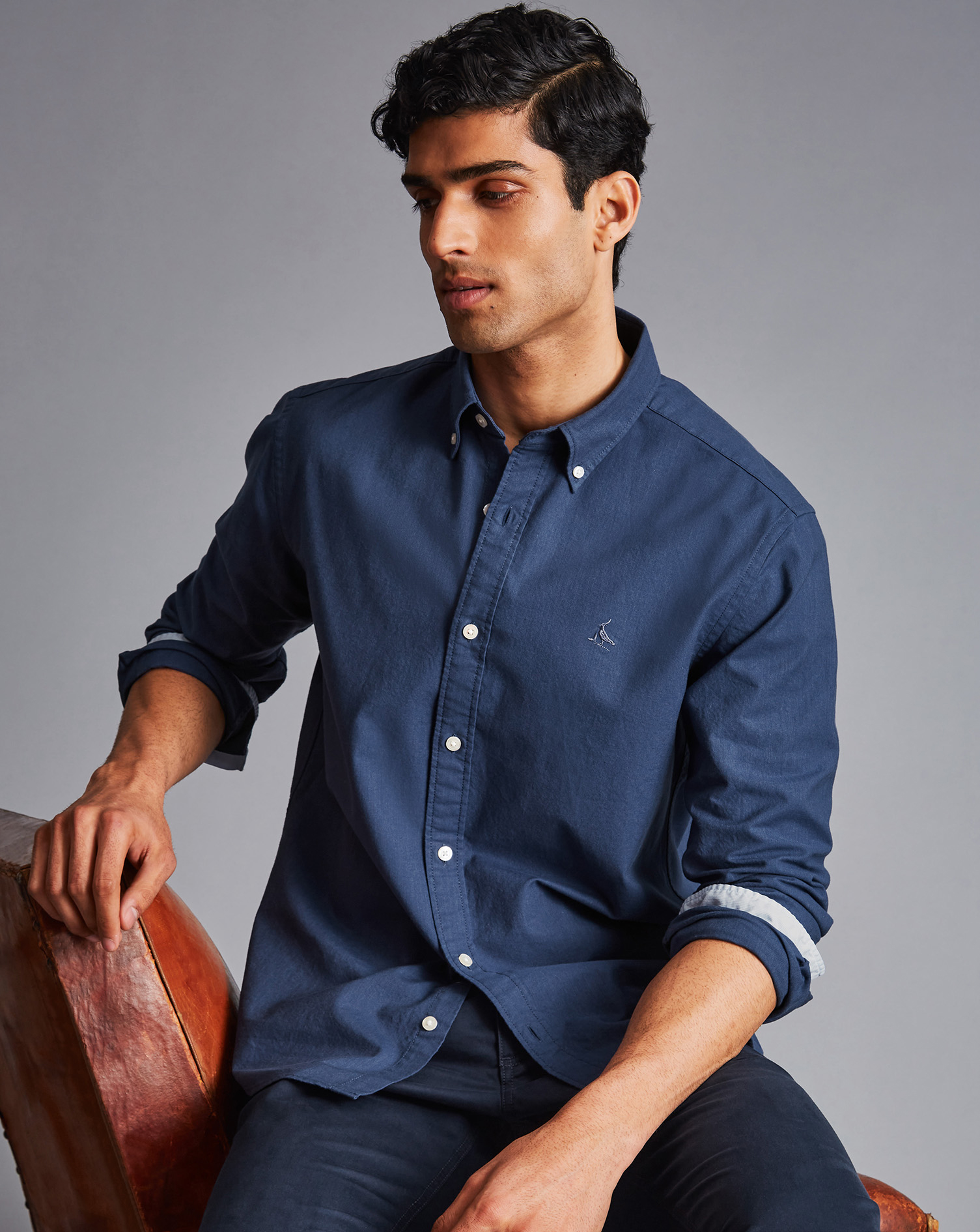 Button-Down Collar Washed Oxford Shirt - Dark Blue Melange