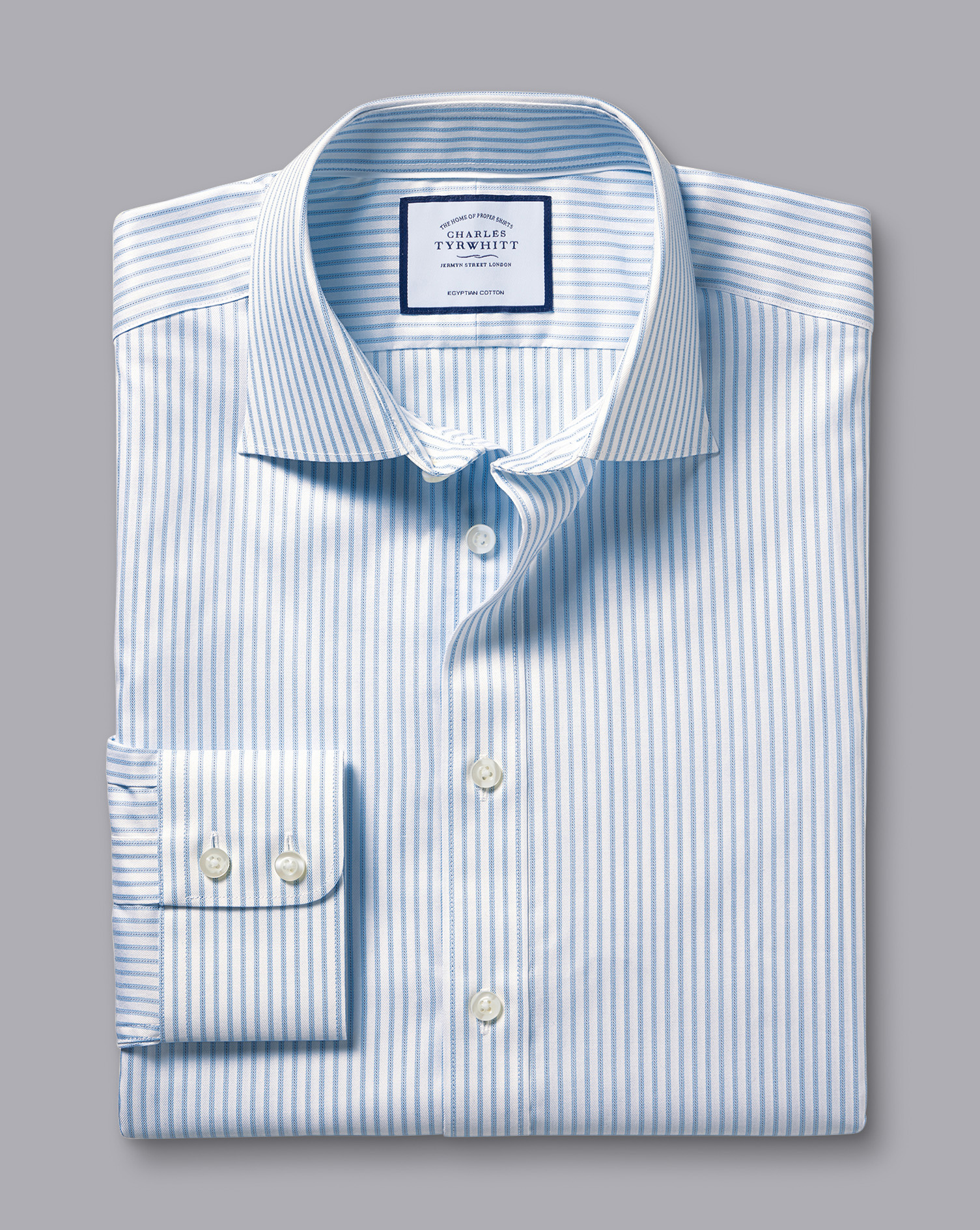 Semi-Cutaway Collar Egyptian Cotton Twill Stripe Shirt - Light Blue