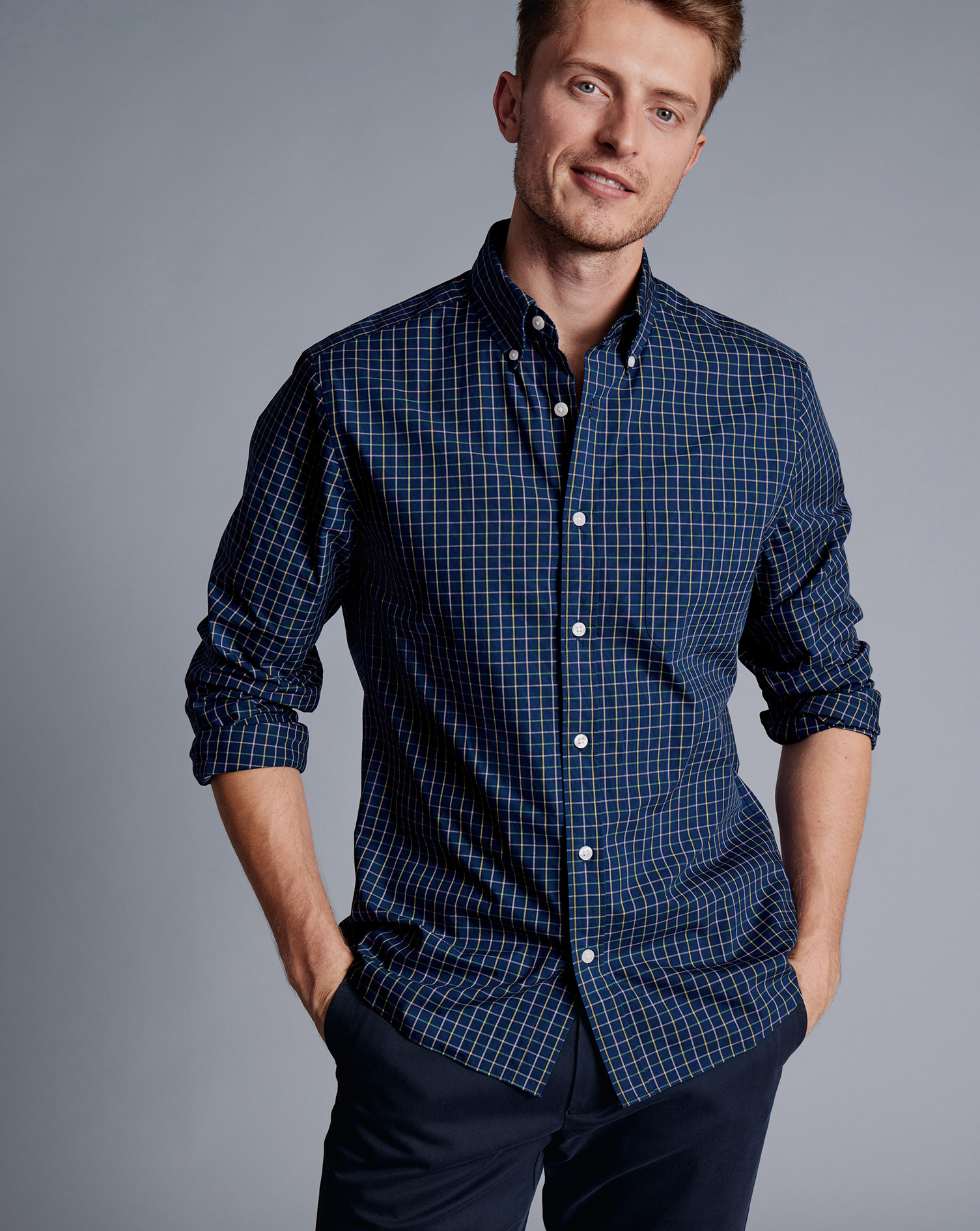 Button-Down Collar Non-Iron Stretch Poplin Fine Check Shirt - Royal Blue