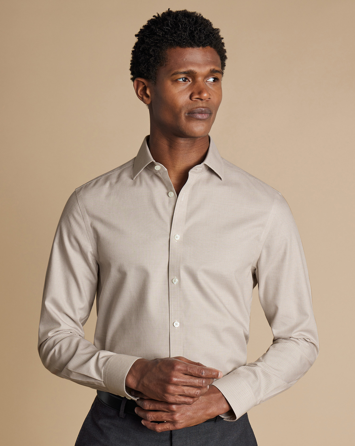 Cutaway Collar Non-Iron Stretch Kensington Weave Shirt - Stone