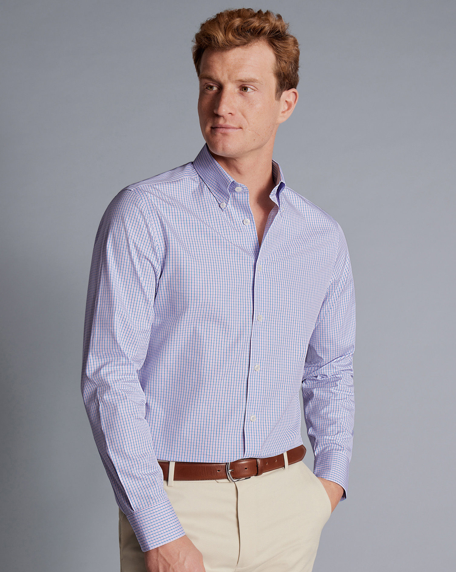 Button-Down Collar Non-Iron Oxford Gingham Check Shirt - Violet Purple