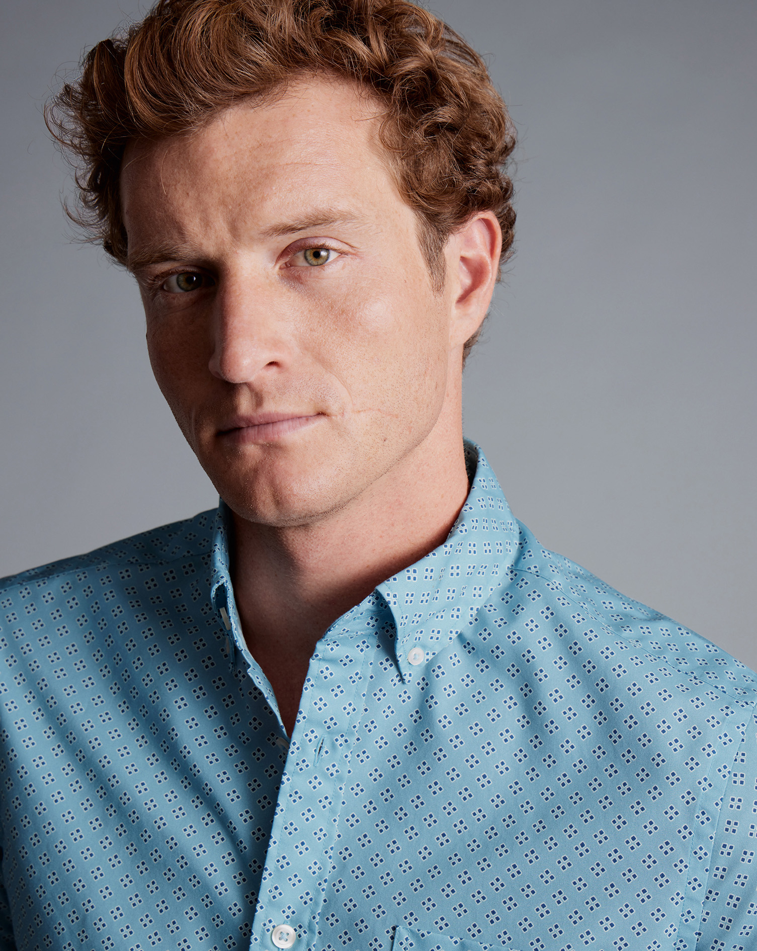 Button-Down Collar Non-Iron Stretch Poplin Diamond Print Short Sleeve Shirt - Aqua Green