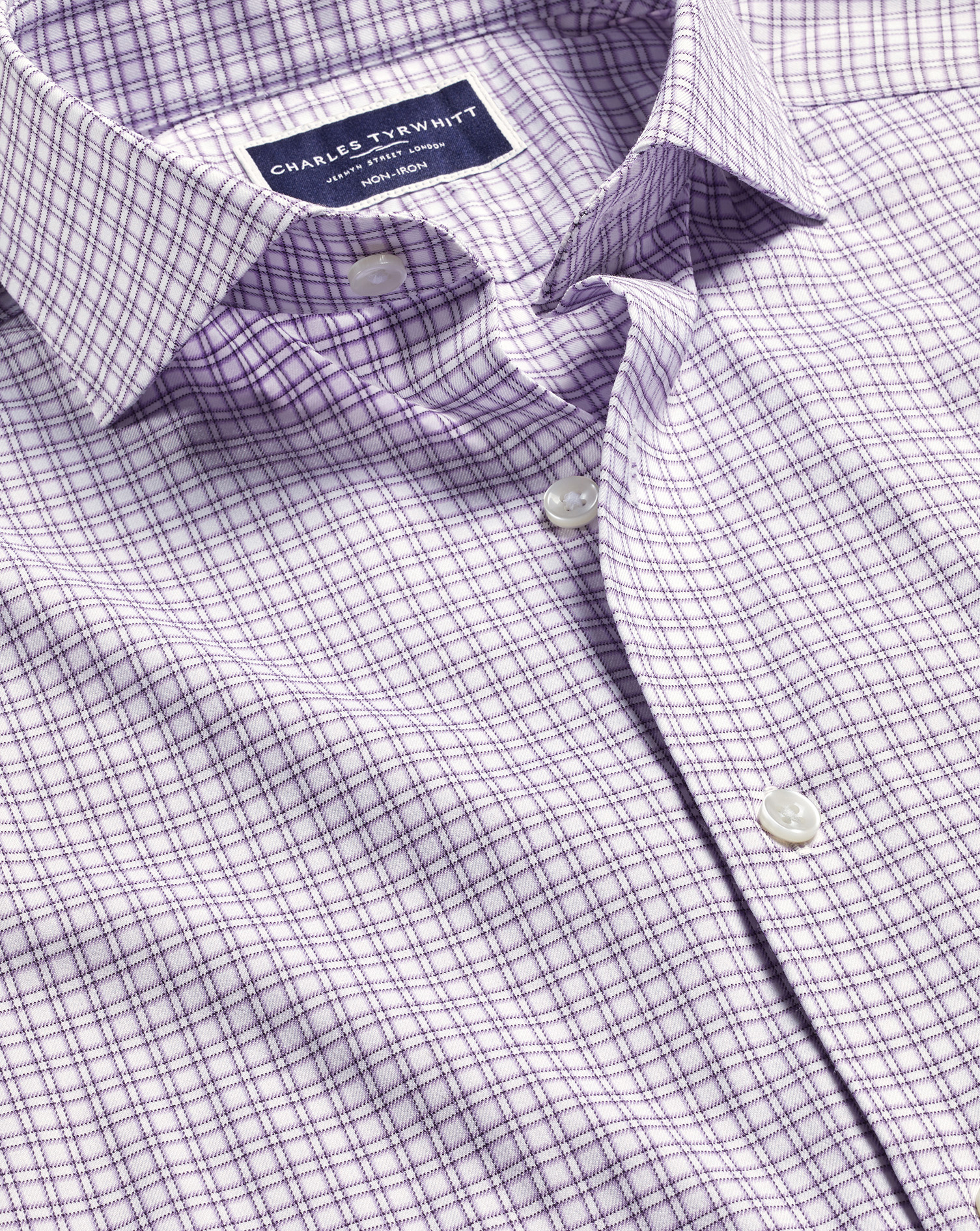 Non-Iron Stretch Twill Grid Check Shirt - Mauve Purple