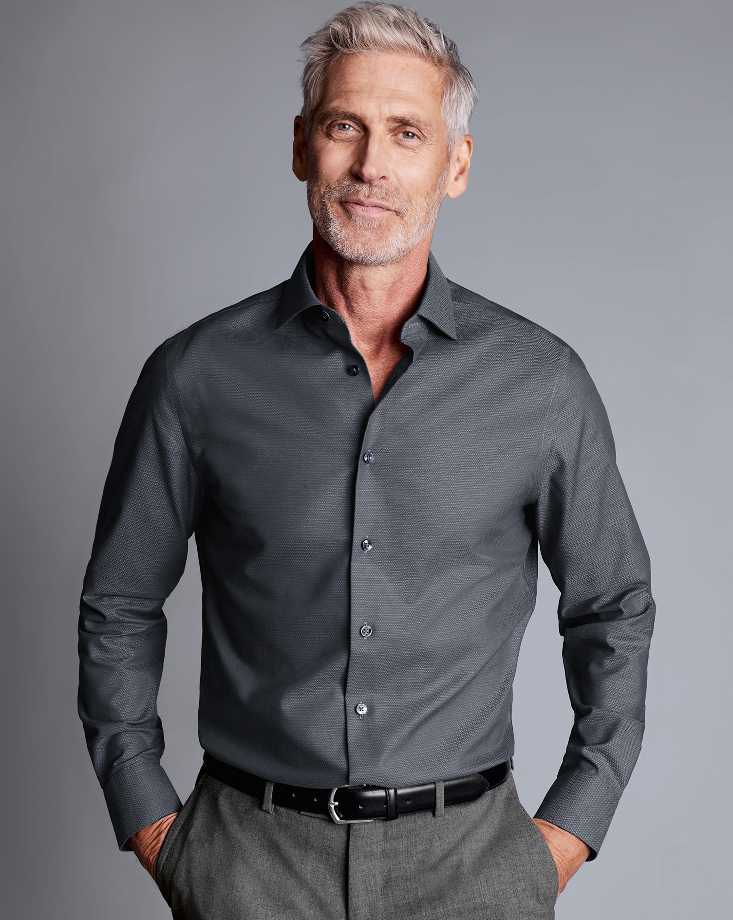 Non-Iron Diamond Stretch Texture Shirt - Charcoal Grey