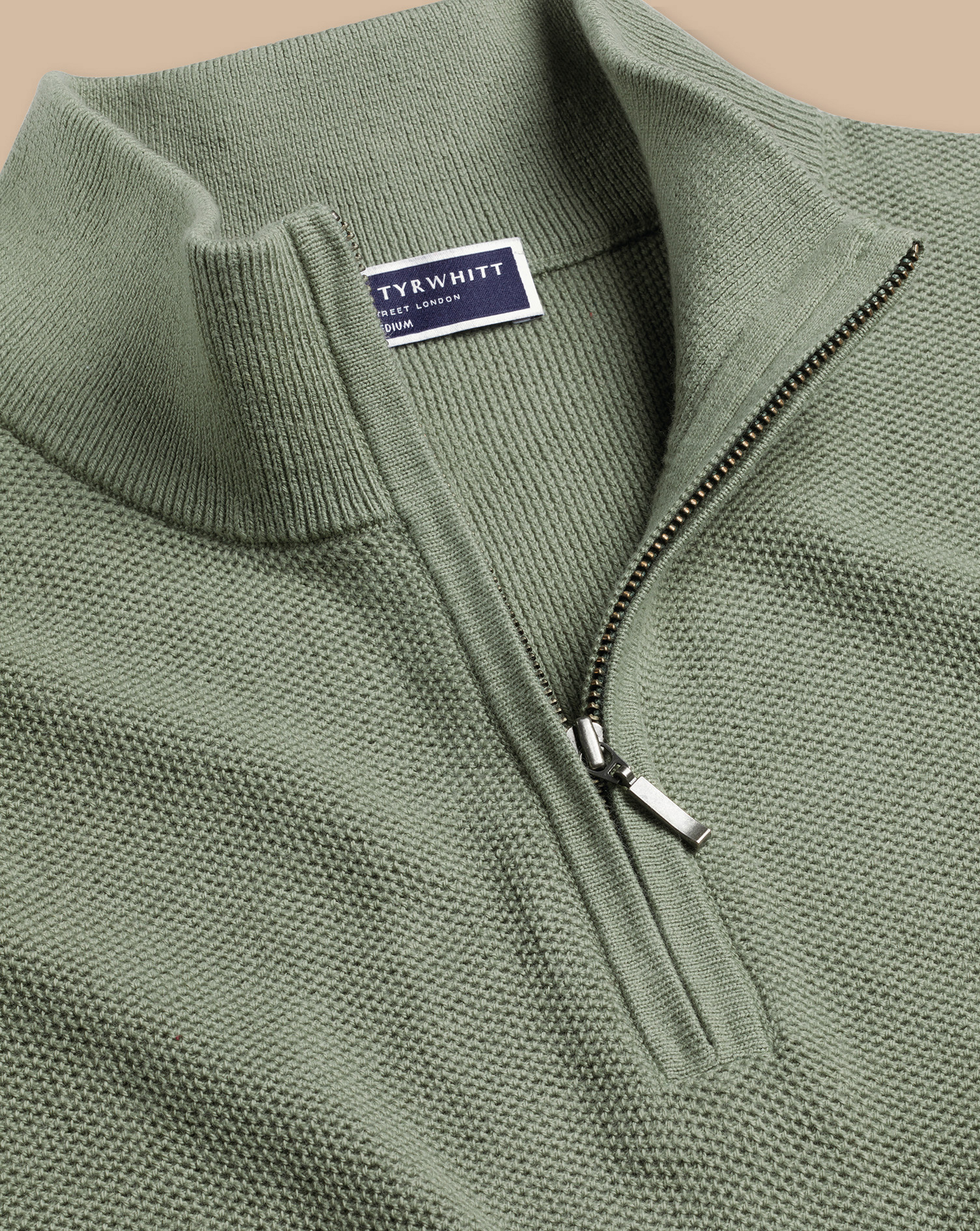 Honeycomb Cotton Zip Neck Jumper - Sage Green