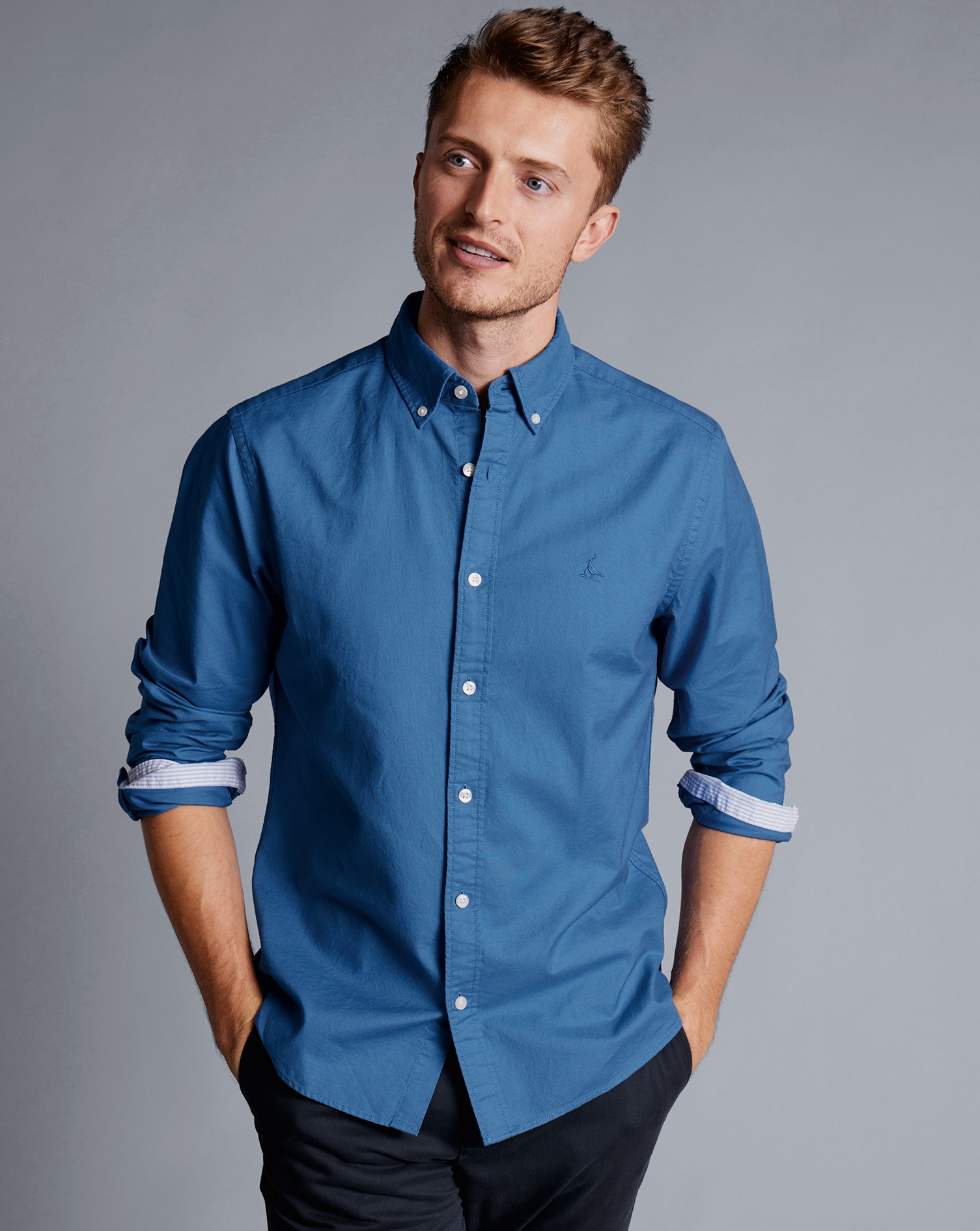 Button-Down Collar Washed Oxford Shirt  - Ocean Blue